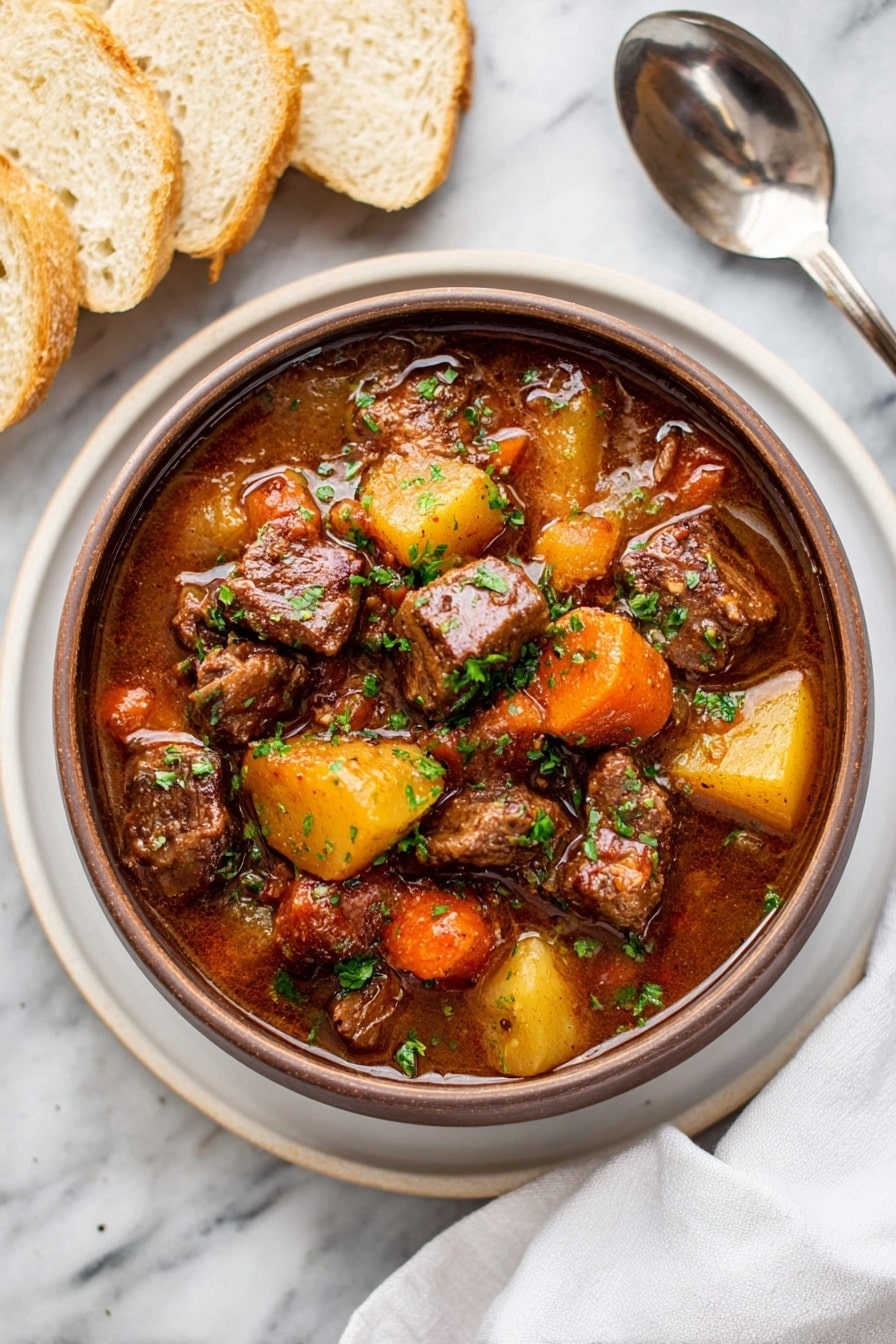 A brown bowl filled with thick beef stew sits in the center of a white plate on a white marbled surface. The stew has large chunks of dark brown beef, orange carrot pieces, light yellow potatoes, and small bits of red tomatoes all mixed in a rich brown gravy. Green chopped herbs are sprinkled on top for color and freshness. To the left, there are pieces of sliced white bread and to the right, a silver spoon rests on a white cloth napkin. Photo taken with an iphone --ar 2:3 --v 7 - Slow Cooker Venison Stew, hearty venison stew, thick and hearty beef stew, savory slow cooker recipes, comforting venison dinner