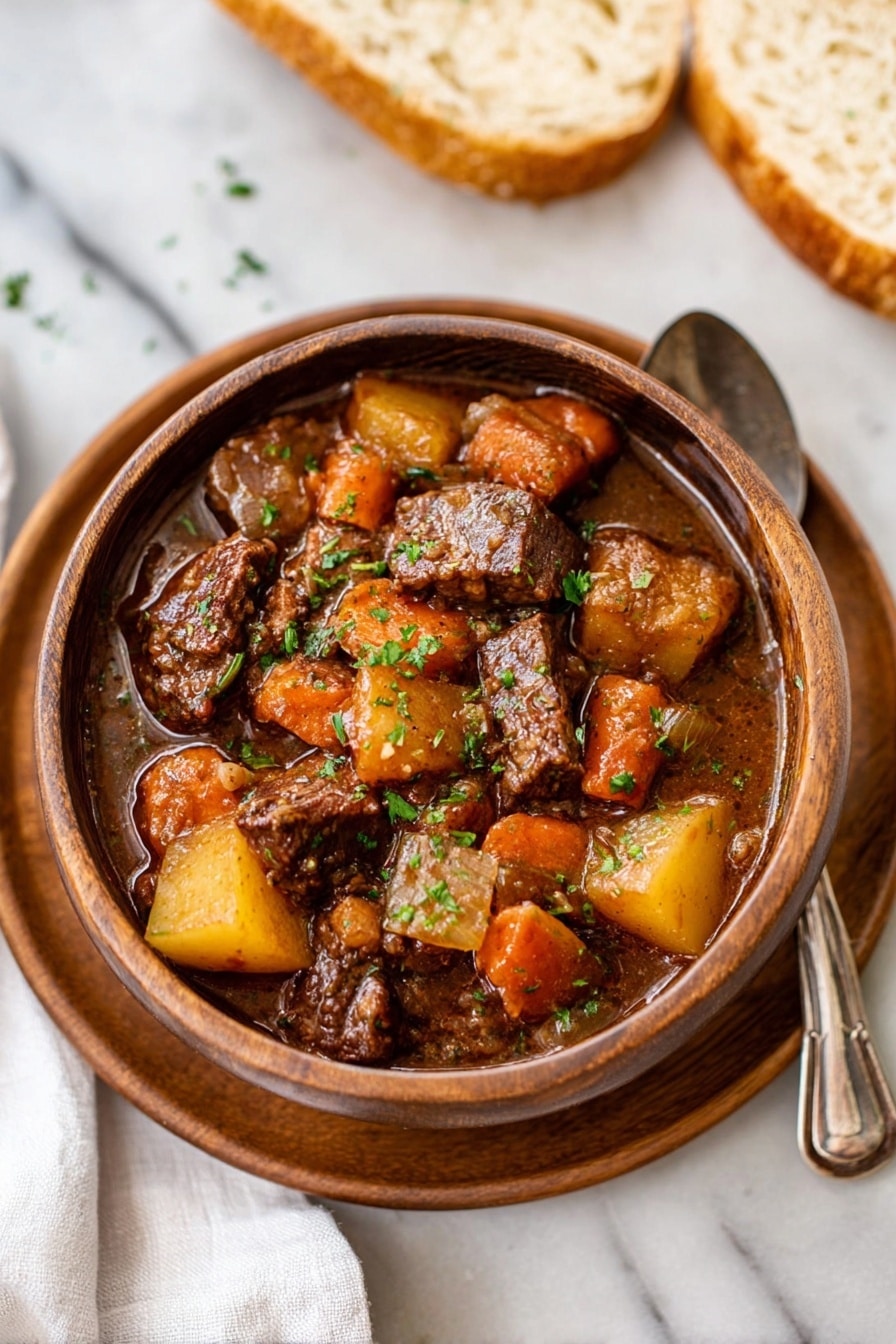 A brown wooden bowl filled with thick beef stew sits on a white plate on a white marbled surface. The stew has large chunks of dark brown beef, orange carrots, light yellow potatoes, and small pieces of onion all in a rich brown sauce. The dish is topped with finely chopped green herbs. To the side, there is a spoon and a white cloth napkin, along with two slices of white bread partially visible. Photo taken with an iphone --ar 2:3 --v 7 - Slow Cooker Venison Stew, hearty venison stew, thick and hearty beef stew, savory slow cooker recipes, comforting venison dinner