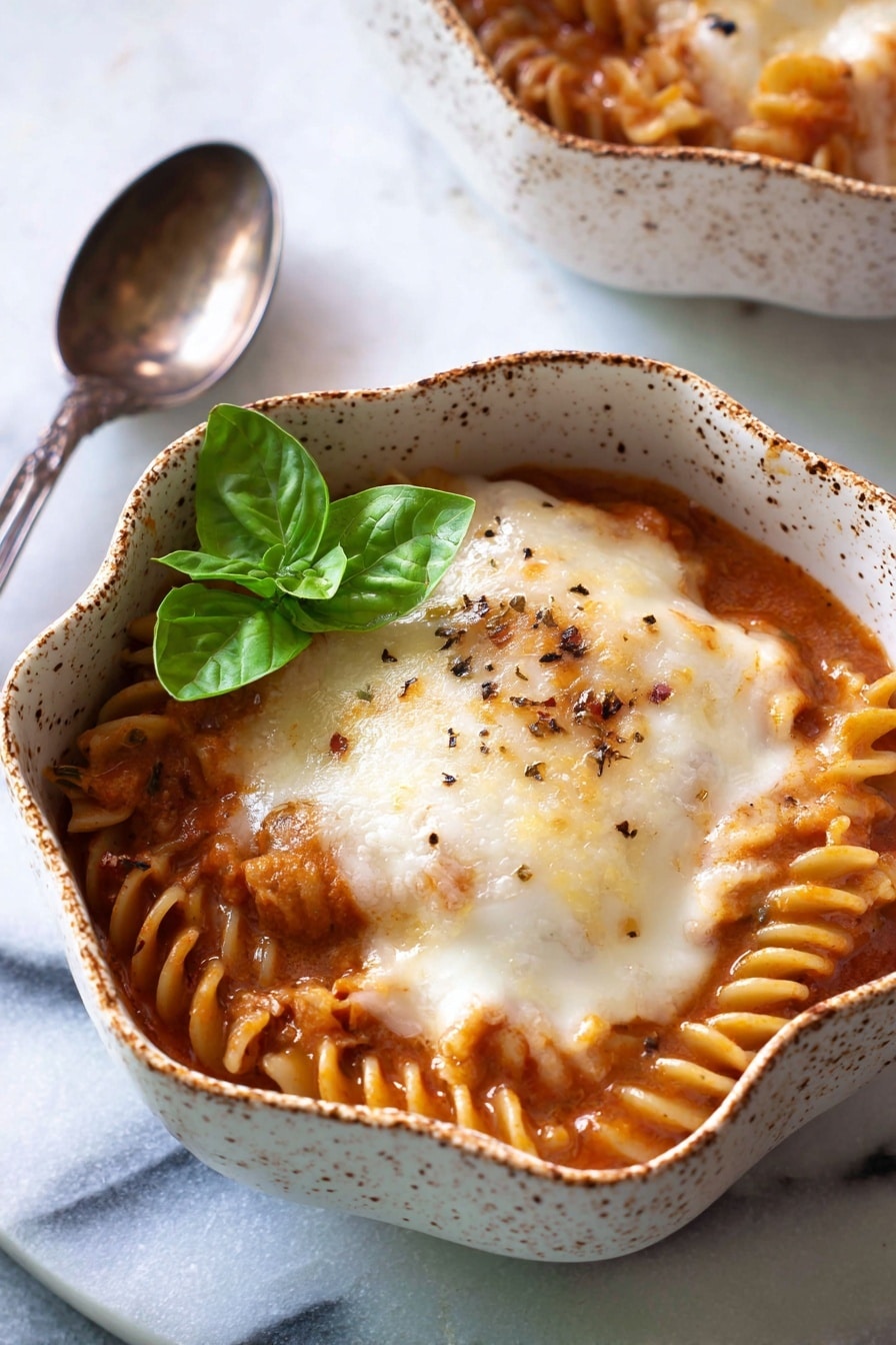 A bowl with a wavy edge filled with layers of food, starting with a reddish-orange thick sauce mixed with visible short spiral pasta pieces; on top, there is a smooth, melted white layer of cheese with golden brown spots from baking, creating a slightly uneven texture; a fresh green basil leaf sits on one side near the edge. The bowl is white with brown speckles, and the background shows a white marbled surface with a vintage spoon nearby. Photo taken with an iphone --ar 2:3 --v 7 - Slow Cooker Chicken Parmesan Soup, chicken parmesan soup, easy crockpot chicken soup, comforting Italian soup, homemade chicken soup
