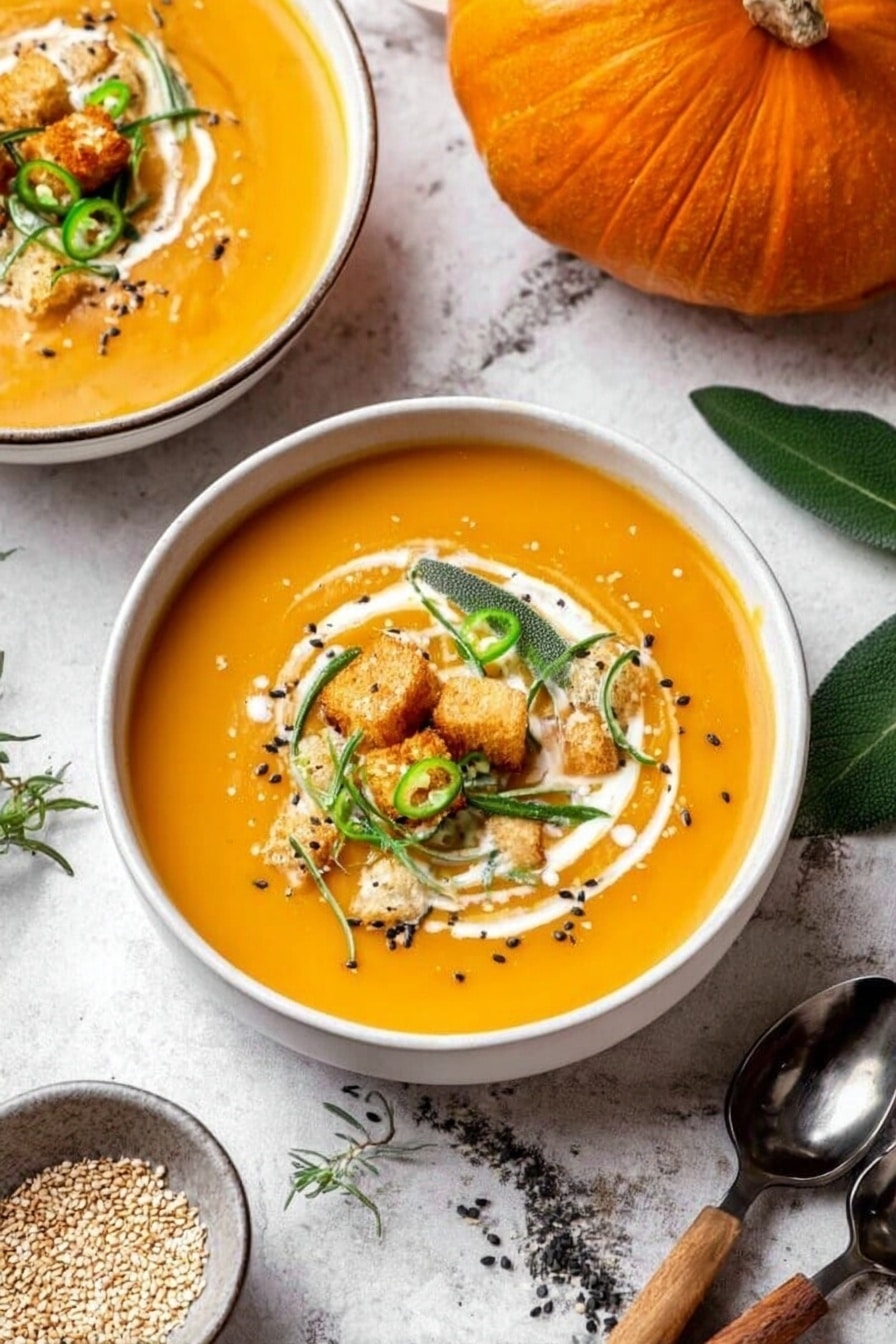 A white bowl filled with smooth orange pumpkin soup is at the center, topped with a swirl of white cream, small green chili slices, fresh green herbs, black pepper, and small golden croutons. Another similar bowl of soup is partly visible in the top left corner. To the right of the main bowl, there is a large whole pumpkin and green leaves on a white marbled surface. A spoon with a wooden handle lies nearby on the same surface, which also contains a small dish of sesame seeds at the bottom left. Photo taken with an iphone --ar 2:3 --v 7 - Creamy Pumpkin Curry Soup, pumpkin curry soup, cozy pumpkin soup, vegan pumpkin soup, easy pumpkin soup recipe