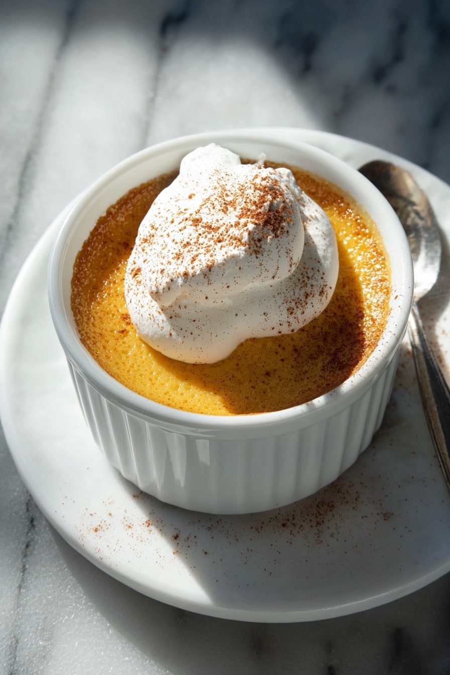 A white ramekin filled with a smooth and light orange custard with a slightly bubbly surface, topped with a large dollop of whipped cream sprinkled with a fine dusting of cinnamon. The ramekin sits on a white marbled surface with sunlight casting bright shadows, highlighting the creamy texture and warm color of the dessert. Photo taken with an iphone --ar 2:3 --v 7 - Creamy Pumpkin Egg Custard, Pumpkin Egg Custard, Pumpkin Custard Dessert, Easy Pumpkin Custard, Velvety Pumpkin Pudding