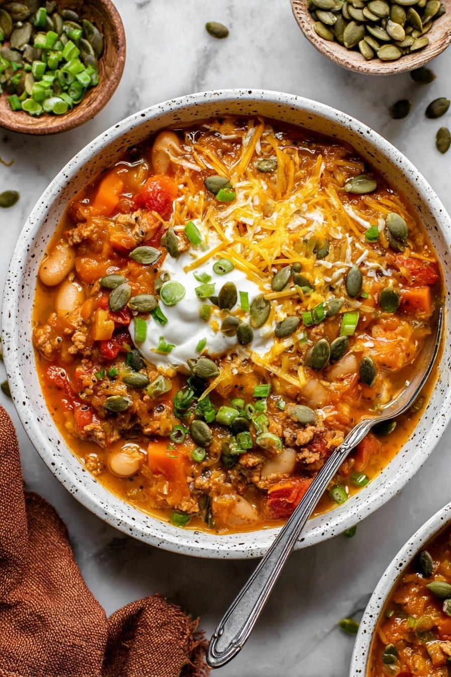 A bowl with thick soup full of soft carrot chunks, white beans, diced tomatoes, and meat in an orange sauce fills the frame. On top, there is a scoop of white sour cream in the center, surrounded by shredded yellow cheddar cheese and sprinkled with green chopped spring onions and dark green pumpkin seeds. A silver spoon rests inside the bowl on the right side. The bowl is white with subtle black specks and sits on a white marbled surface. Nearby, there is a brown cloth napkin and a small bowl with more green pumpkin seeds. Photo taken with an iphone --ar 2:3 --v 7 - Turkey Pumpkin Chili, hearty fall chili, healthy pumpkin chili, easy turkey chili recipe, cozy comfort food