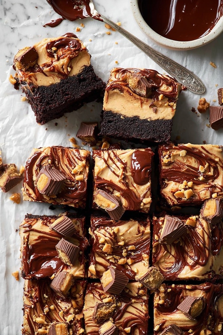 The image shows nine thick square pieces of chocolate cake arranged on white parchment paper over a white marbled surface. Each cake piece has two layers: a dark, moist chocolate base and a thick, creamy peanut butter-colored frosting on top. The frosting is rich and smooth with swirls of glossy dark chocolate sauce drizzled over it. Pieces of peanut butter cups and chopped peanuts are scattered generously on each slice, adding texture and contrast. A silver spoon rests in a small white bowl filled with dark chocolate sauce at the top, and a woman's hand reaches into one of the cake squares. The whole scene looks delicious and indulgent with a mix of smooth and chunky textures. photo taken with an iphone --ar 2:3 --v 7 - Chocolate Peanut Butter Cake for a Crowd, easy crowd-pleasing cake, large batch chocolate peanut butter dessert, no-fuss party cake, rich chocolate peanut butter cake