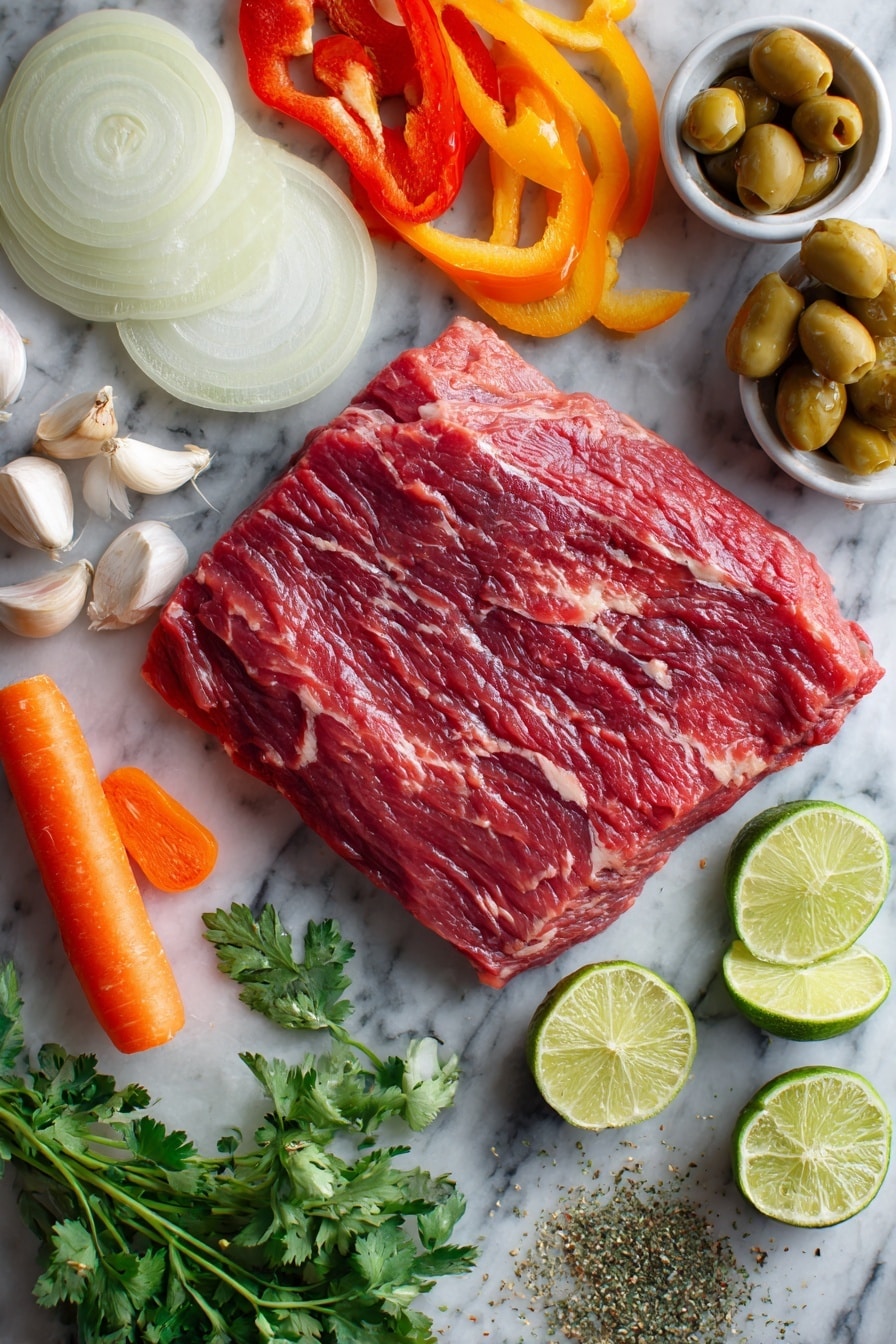 Flat lay of a large raw London broil beef steak, vibrant red and marbled, surrounded by halved and sliced yellow onion rings, thin strips of red and green bell peppers, whole peeled garlic cloves, a bright orange carrot sliced lengthwise, plump green olives, a small heap of dried oregano and ground cumin, fresh green cilantro leaves scattered around, and lime wedges with bright green skin and juicy pulp, all beautifully arranged on a white marble surface, photo taken with an iphone --ar 2:3 --v 7 - Slow Cooker Ropa Vieja, Cuban shredded beef stew, Cuban beef recipes, easy Cuban dinner, slow cooker beef stew