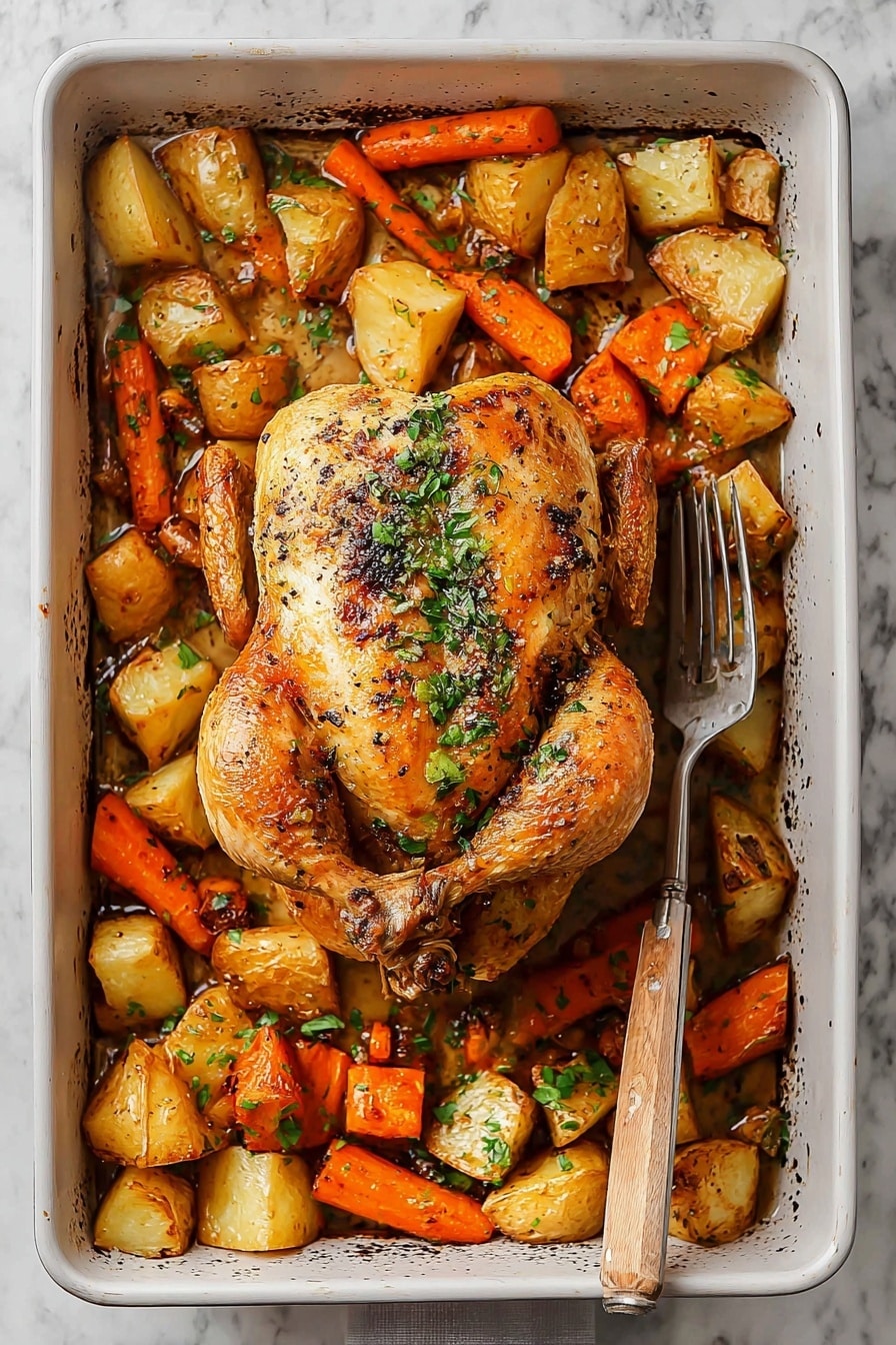 The image shows a whole roasted chicken with a golden brown crispy skin, placed in the center of a white rectangular baking pan. Surrounding the chicken are large chunks of light golden roast potatoes and bright orange roasted carrot pieces mixed with bits of green herbs. The chicken has a slightly glossy texture with some black pepper specks, and fresh chopped green herbs are sprinkled on top and over the vegetables. A silver fork with a wooden handle rests on the right side of the pan, and the whole scene sits on a white marbled textured surface. Photo taken with an iphone --ar 2:3 --v 7 - Slow Roasted Whole Chicken with Herbs and Vegetables, roasted chicken, herb-infused chicken, easy roasted chicken recipe, family dinner ideas