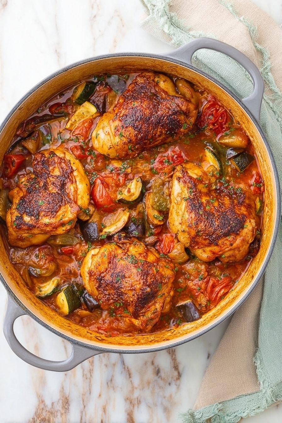 A round gray pot filled with four browned chicken leg pieces arranged evenly on top. The chicken pieces have a crispy, slightly charred skin and rest in a chunky vegetable sauce with visible pieces of red tomatoes, green zucchini, and dark purple eggplant. The sauce is thick and glossy, covering the veggies and chicken partially. The pot is placed on a white marbled surface with a folded beige and pale blue cloth nearby. Photo taken with an iphone --ar 2:3 --v 7 - Mediterranean Chicken Stew, Mediterranean chicken stew recipe, healthy Mediterranean chicken stew, flavorful chicken stew, easy Mediterranean stew