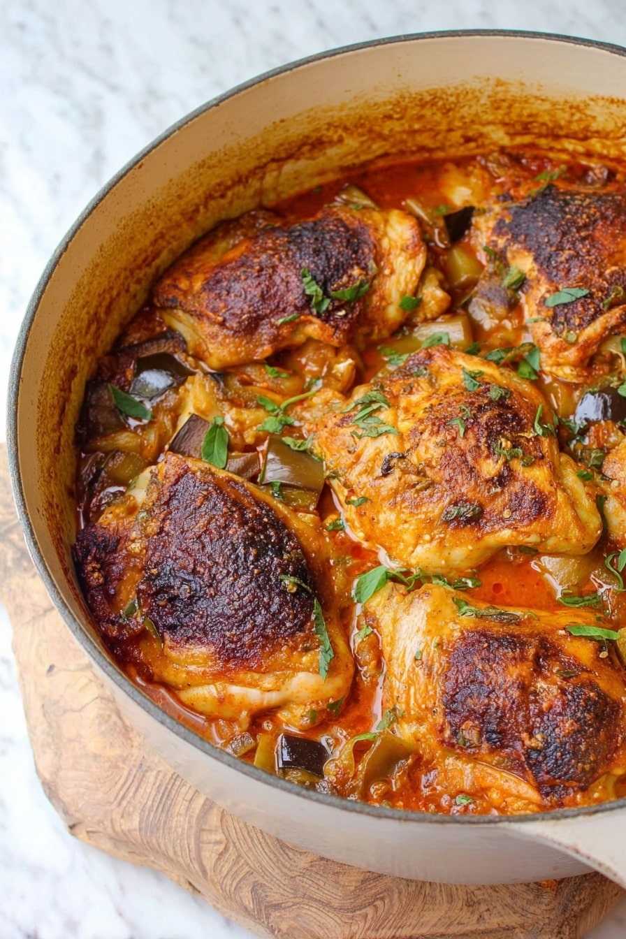 A round white pot holds four large pieces of cooked chicken with golden brown, slightly charred skin sitting on top of a stew with visible chunks of eggplant and tomato in a thick reddish-orange sauce, all layered evenly, filling the pot and creating a rustic and warm look. The pot rests on a wooden board placed over a white marbled surface. Photo taken with an iphone --ar 2:3 --v 7 - Mediterranean Chicken Stew, Mediterranean chicken stew recipe, healthy Mediterranean chicken stew, flavorful chicken stew, easy Mediterranean stew