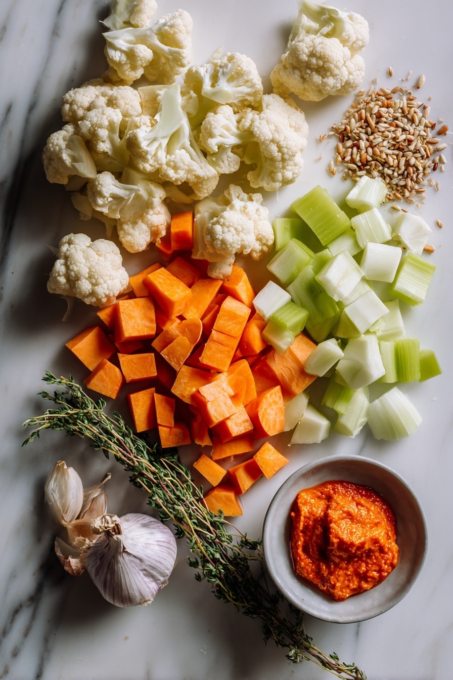 Flat lay of small cauliflower florets, peeled and chopped sweet potatoes, diced shallots, sliced celery sticks, peeled and sliced carrot, minced garlic cloves, dried thyme and dried tarragon sprigs, bright orange tomato paste dollop, and a small pile of grainy mustard seeds, all beautifully arranged with vibrant colors and natural textures, placed on a white marble surface, photo taken with an iphone --ar 2:3 --v 7 - Creamy Cauliflower & Sweet Potato Chowder, vegan hearty soup, gluten-free vegetable chowder, comforting plant-based dinner, easy vegan soup recipe
