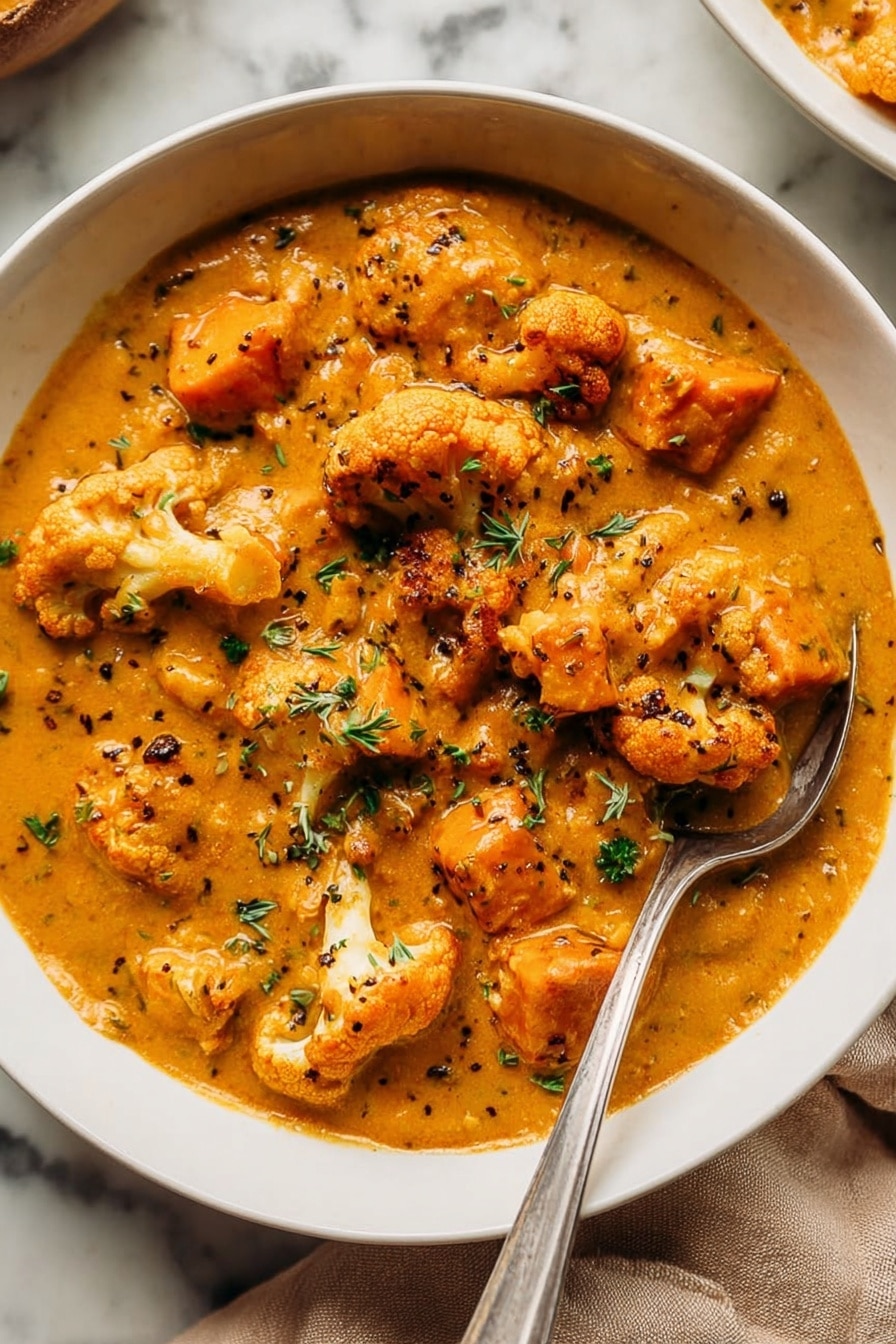 The image shows a bowl of thick orange curry filled with chunks of soft sweet potato and pieces of light brown roasted cauliflower scattered throughout the dish. The curry is creamy with visible small dark specks of black pepper and bits of green herbs sprinkled on top for color. A silver spoon rests inside the white bowl on the right side. The bowl is placed on a white marbled surface with a beige cloth nearby. The texture of the curry looks smooth and rich with some shine on the surface. Photo taken with an iphone --ar 2:3 --v 7 - Creamy Cauliflower & Sweet Potato Chowder, vegan hearty soup, gluten-free vegetable chowder, comforting plant-based dinner, easy vegan soup recipe