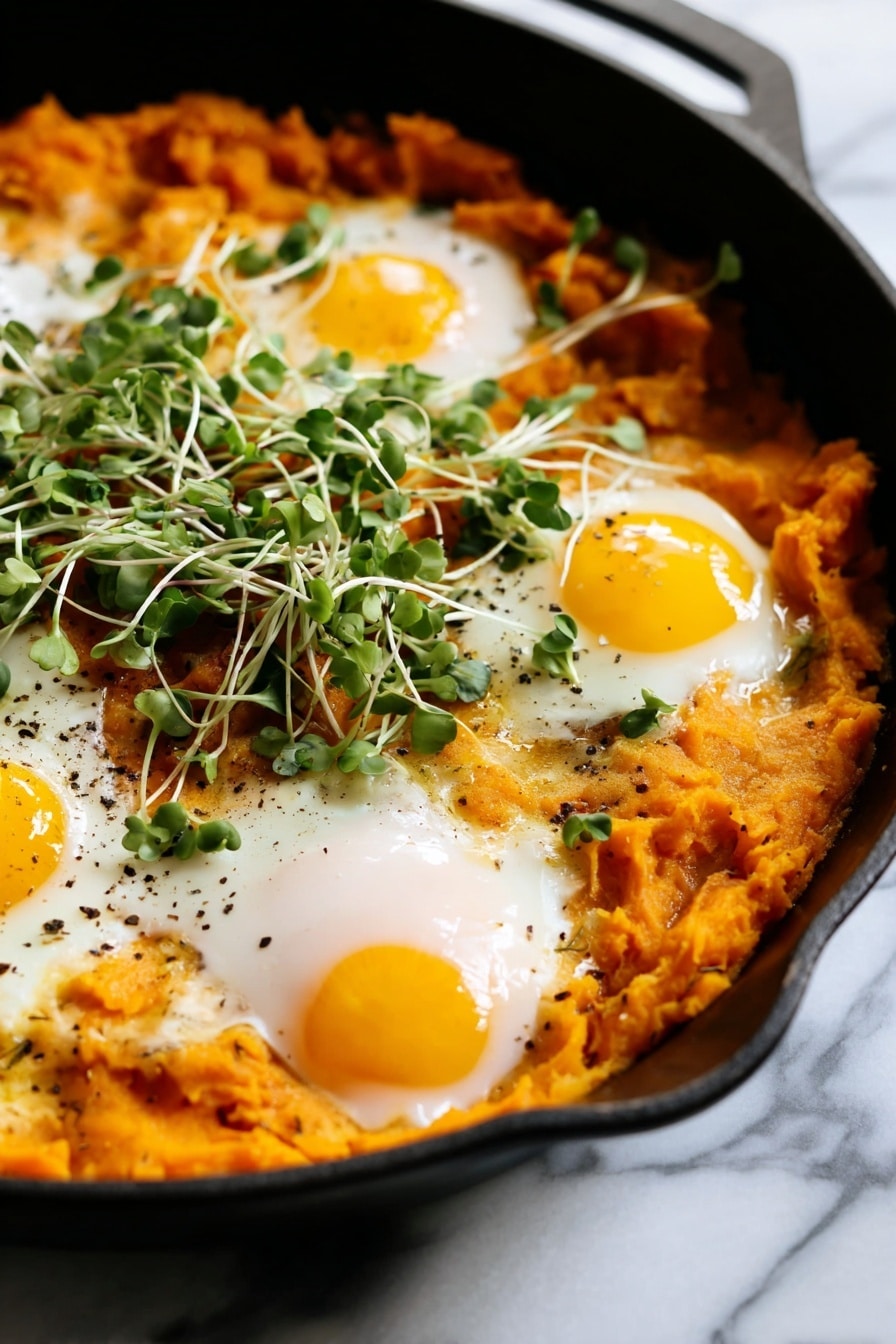 A black skillet holds a dish with one base layer of soft, mashed orange sweet potatoes that cover the bottom with a slightly chunky texture. Four cooked eggs are placed evenly over this base; each egg has a smooth, white cooked edge and bright, round yellow yolks in the center. Small green herbs and thin light green sprouts with long stems are sprinkled over the eggs and sweet potatoes, adding fresh, leafy textures. The skillet sits on a white marbled surface. photo taken with an iphone --ar 2:3 --v 7 - Orange Shakshuka with Butternut Squash and Warm Spices, healthy shakshuka with orange bell peppers, cozy fall shakshuka recipe, vegetarian shakshuka with squash, easy savory breakfast dish