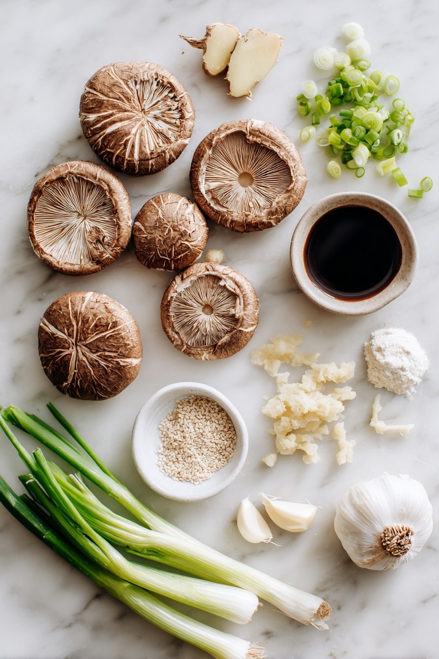 Flat lay of thick king oyster mushroom rounds with a criss-cross pattern, fresh minced ginger pieces, peeled garlic cloves and minced garlic scattered elegantly, a small dollop of white miso paste, a drizzle of deep soy sauce, bright green chopped scallions, and a sprinkle of white sesame seeds, all arranged beautifully on a white marble surface, photo taken with an iphone --ar 2:3 --v 7 - Miso Soy King Oyster Mushroom, vegan scallops, plant-based seafood, mushroom scallops recipe, umami mushroom dish