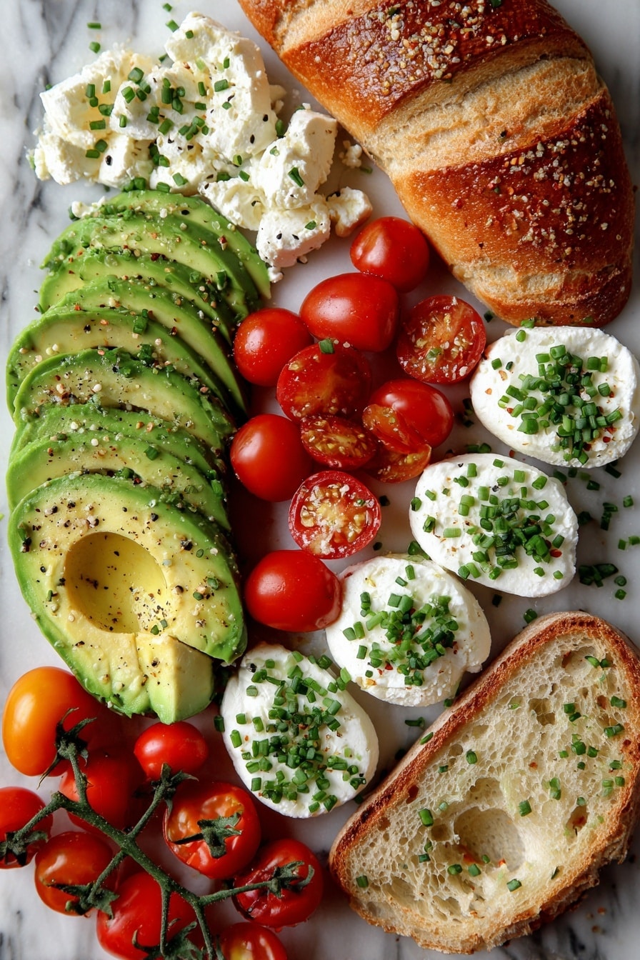 Flat lay of ripe avocado slices, creamy white cottage cheese dollops, halved vibrant red cherry tomatoes, fresh chopped green chives, crisp sourdough bread slices with a golden buttery sheen, and a small pile of Everything But The Bagel seasoning sprinkled artfully, all placed on a white marble surface, photo taken with an iphone --ar 2:3 --v 7 - Avocado Cottage Cheese Toast with Everything But The Bagel Seasoning, healthy avocado toast, quick breakfast ideas, light snack recipes, savory avocado toast