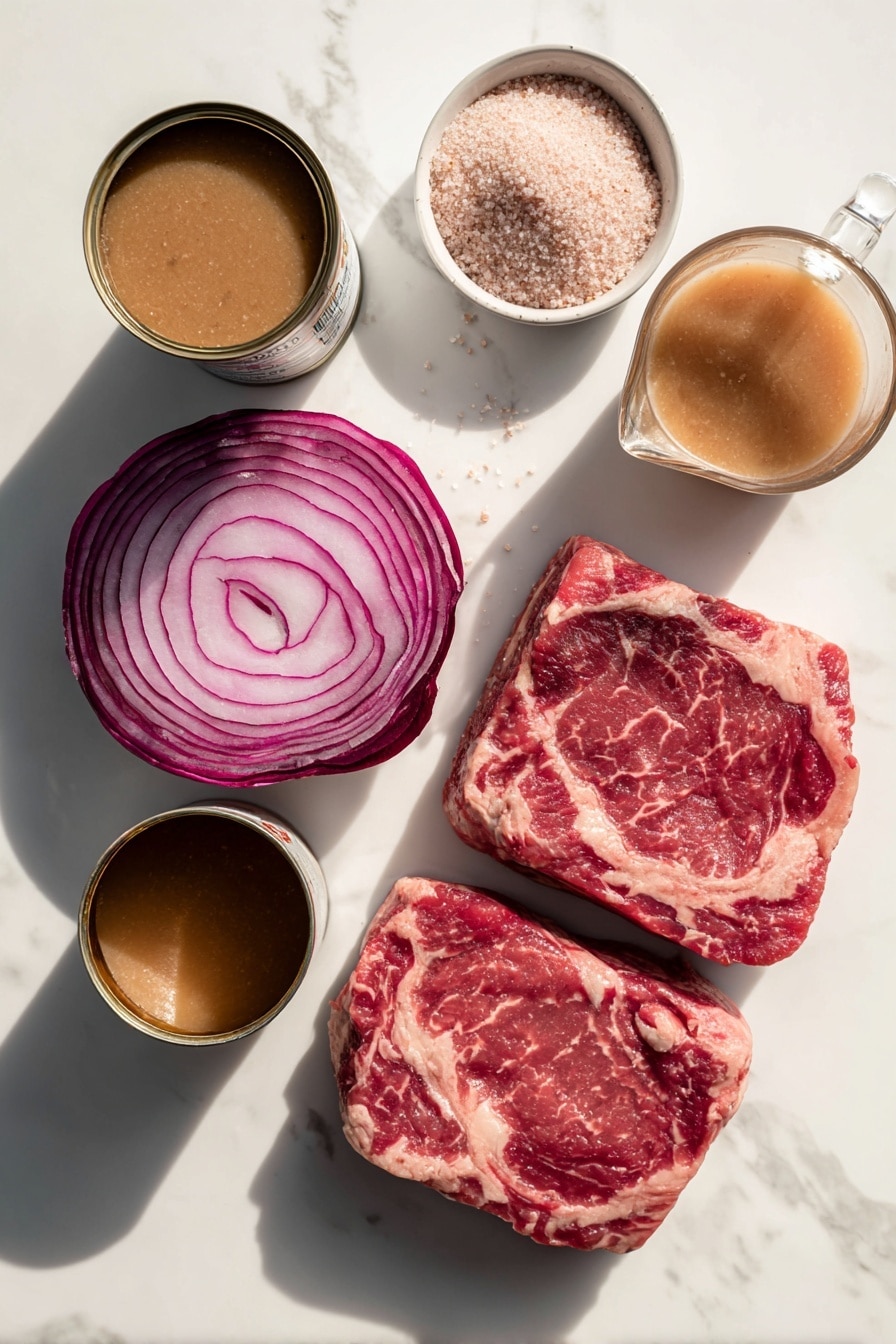 Flat lay of thick raw cube steaks with visible marbling, two cans of cream of mushroom soup with their labels partly visible, a large minced red onion showing vibrant purple and white layers, a small heap of homemade beef bouillon powder crystals, and a clear measuring cup filled with rich beef broth, all beautifully arranged with natural lighting, fresh and inviting, placed on a white marble surface, photo taken with an iphone --ar 2:3 --v 7 - Crock Pot Cube Steak with Creamy Mushroom Gravy, slow cooker cube steak, easy beef dinner, tender beef recipes, mushroom gravy dishes