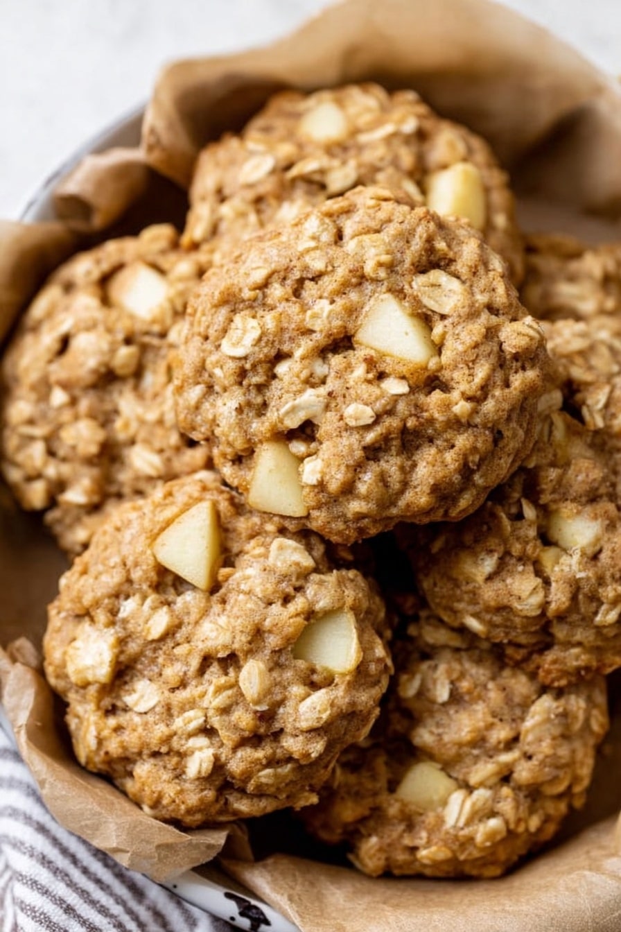The image shows a close-up of a group of oatmeal cookies with small pieces of apple mixed in. Each cookie is round and thick, with a rough texture from the oats and visible chunks of pale yellow apple spread throughout. The cookies are piled together in a round baking dish lined with brown parchment paper. The background is a white marbled texture with a striped cloth lightly showing. Photo taken with an iphone --ar 2:3 --v 7 - Apple Oatmeal Cookies, apple oatmeal cookies, fall spice cookies, hearty apple cookies, soft chewy oatmeal cookies