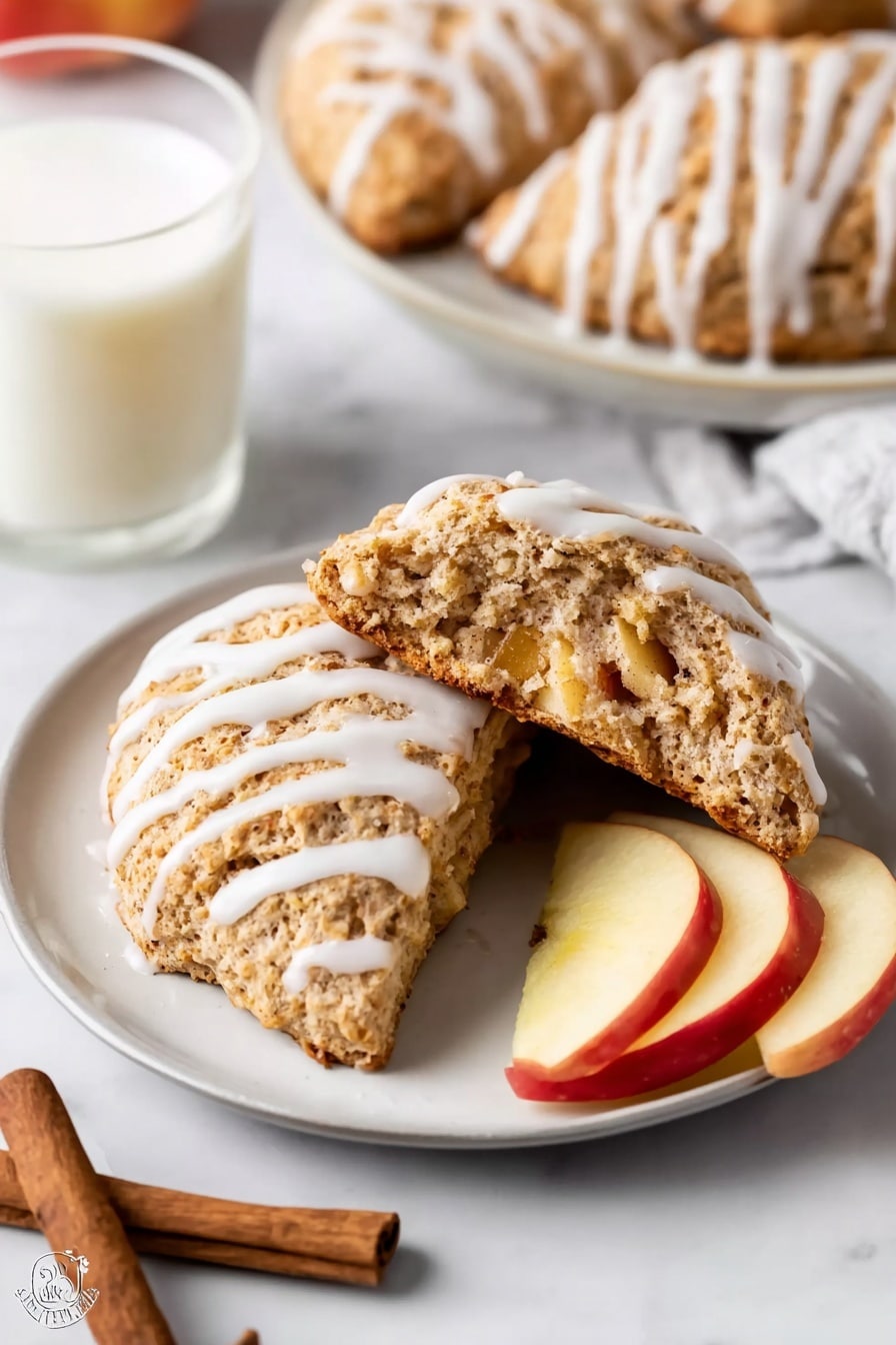Two light brown scones with a rough, crumbly texture sit on a white plate. One scone is whole and covered with thin white icing stripes evenly spaced across the top, while the other is broken in half, showing a soft, moist inside with small bits of apple visible. Next to the scones, there are two slices of red and yellow apple placed on the plate. In the background, more scones with similar white icing stripes and a glass of milk can be seen, all placed on a white marbled surface. Two cinnamon sticks lie near the glass, adding a warm brown color contrast to the scene. Photo taken with an iphone --ar 2:3 --v 7 - Easy Apple Scones with Cinnamon Glaze, apple scones recipe, fall scones with cinnamon glaze, homemade apple scones, cozy breakfast scones