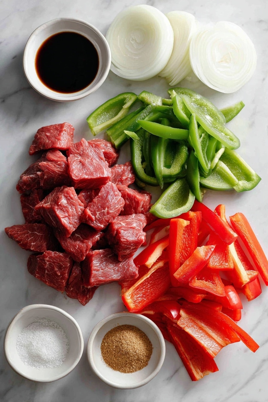 Flat lay of thin strips of raw round steak, thick sliced green bell pepper, thick sliced red bell pepper, thick sliced white onion, a small pile of brown sugar, a small bowl of soy sauce, a mound of ground ginger powder, and a mound of garlic powder, all beautifully arranged with natural light highlighting their colors and textures, placed on a white marble surface, photo taken with an iphone --ar 2:3 --v 7 - Crockpot Pepper Steak, Slow Cooker Beef and Bell Pepper, Easy Crockpot Beef Stir Fry, Savory Pepper Steak Recipe, Tender Beef Crockpot Dinner