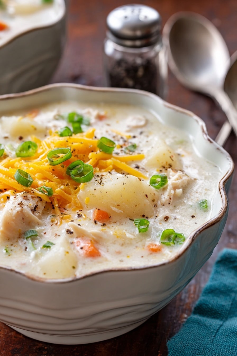 Two white bowls with scalloped edges are filled with creamy soup that has visible chunks of white potatoes, orange carrots, and slices of white chicken. The soup is topped with bright yellow shredded cheddar cheese and sprinkled with small green chopped herbs and black pepper. The bowls sit on a white marbled surface with a pile of shredded cheddar cheese and green onions in the background. A silver spoon rests near the front bowl. photo taken with an iphone --ar 2:3 --v 7 - Creamy Slow Cooker Chicken and Potato Soup, hearty chicken and potato soup, easy slow cooker soup, comforting chicken potato soup, rich creamy chicken soup