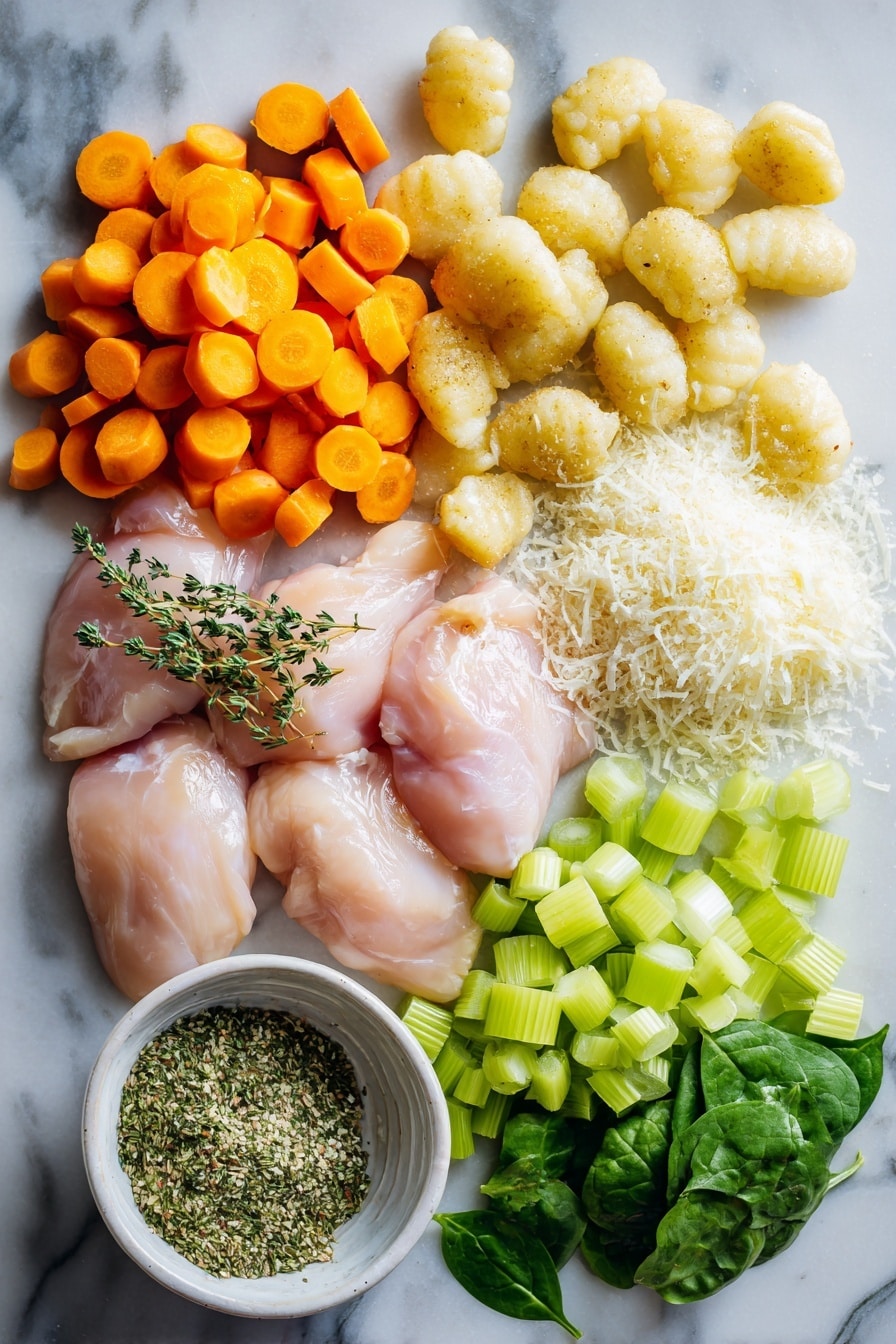Flat lay of tender boneless skinless chicken breasts, bright orange peeled and chopped carrots, crisp chopped celery ribs, finely chopped medium onion, small soft gnocchi pieces, fresh roughly chopped green spinach leaves, a small pile of grated Parmesan cheese, and a sprinkle of dried parsley and thyme herbs, all beautifully arranged with vibrant colors and textures, placed on a white marble surface, photo taken with an iphone --ar 2:3 --v 7 - Slow Cooker Chicken Gnocchi Soup, hearty chicken gnocchi soup, creamy slow cooker soup, easy chicken gnocchi recipe, cozy comfort food