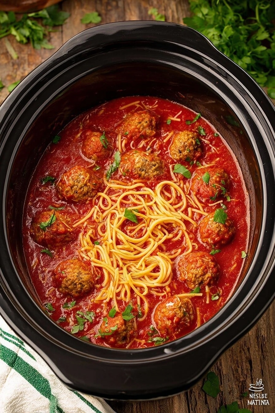 In a large black slow cooker, there is a dish with two main layers: the bottom layer is rich red tomato sauce that fills the cooker, and the top layer consists of round, cooked meatballs that are lightly browned with a slightly rough texture, nestled in the sauce. Mixed among the meatballs are light yellow strands of spaghetti, some forming small loops and some slightly tangled, sitting on the surface of the sauce. Small green herb leaves are sprinkled on top, adding a fresh touch of color. The slow cooker is on a wooden surface, with some green herbs and a white cloth with green stripes nearby. photo taken with an iphone --ar 2:3 --v 7 - Easy Crock Pot Spaghetti with Meatballs, slow cooker spaghetti and meatballs, easy Italian dinner, no-fuss spaghetti recipe, comforting slow cooker meal