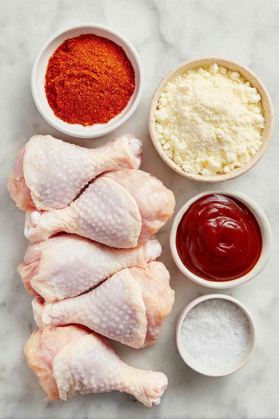 Flat lay of fresh, raw chicken drumsticks arranged neatly, a small white bowl filled with vibrant red smoked paprika powder, another small white bowl containing fine granulated garlic powder, a small white bowl with coarse kosher salt crystals, and a small white bowl holding glossy, deep reddish-brown BBQ sauce, all ingredients placed with perfect symmetry on a clean white marble surface, soft natural light, photo taken with an iPhone, professional food photography style, fresh ingredients, white ceramic bowls, no bottles, no duplicates, no utensils, no packaging --ar 2:3 --v 7 --p awthu7i m7354615311229779997 - Incredible Slow Cooker Drumsticks, easy slow cooker chicken recipes, 4-ingredient chicken dinner, juicy slow cooker drumsticks, simple slow cooker chicken legs