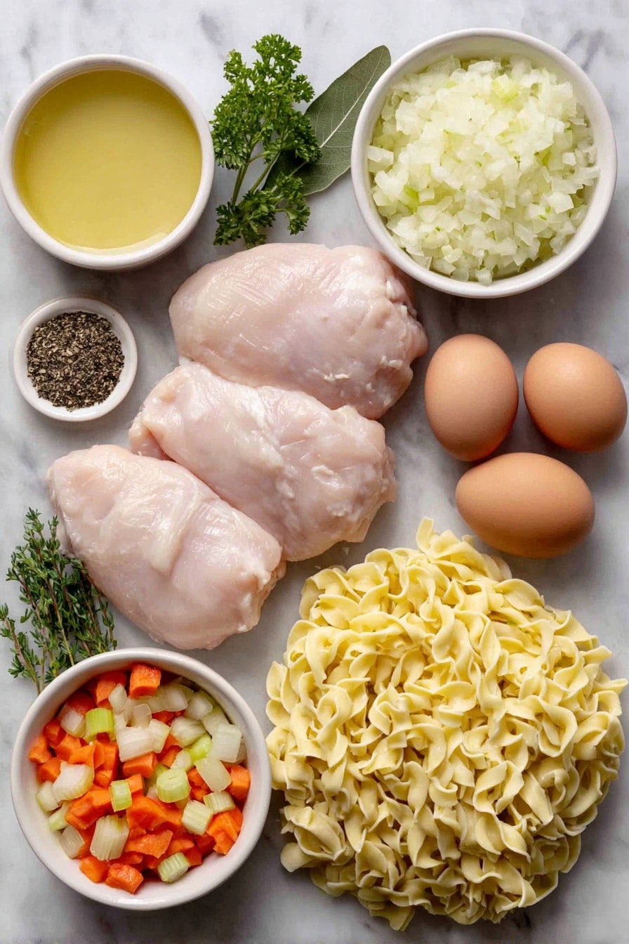 Flat lay of boneless skinless chicken breasts, a small white ceramic bowl of chopped onion, peeled and chopped large carrots, chopped celery ribs, minced garlic cloves, fresh thyme sprigs, a single bay leaf, whole uncracked brown eggs, small white ceramic bowls containing salt and black pepper, small white ceramic bowl of chicken stock, a pile of fresh egg noodles, fresh parsley leaves, all arranged in perfect symmetry on a clean white marble surface, soft natural light, photo taken with an iPhone, professional food photography style, fresh ingredients, white ceramic bowls, no bottles, no duplicates, no utensils, no packaging --ar 2:3 --v 7 --p awthu7i m7354615311229779997 - Crockpot Chicken Noodle Soup, easy chicken noodle soup, slow cooker soup recipes, comfort food soup, homemade chicken noodle soup