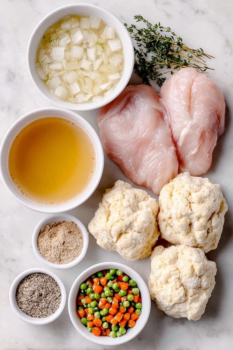 Flat lay of a large diced white onion, four raw boneless skinless chicken breasts, a few sprigs of fresh chopped parsley, a small white ceramic bowl with pale creamy celery soup, a small white ceramic bowl with pale creamy chicken soup, a small white ceramic bowl with light brown poultry seasoning powder, a small white ceramic bowl with coarse black pepper, a small white ceramic bowl of clear golden chicken broth, a small white ceramic bowl of thawed bright orange and green peas and carrots, and four raw buttermilk biscuit dough pieces unrolled and flattened, all arranged symmetrically on a clean white marble surface, soft natural light, photo taken with an iPhone, professional food photography style, fresh ingredients, white ceramic bowls, no bottles, no duplicates, no utensils, no packaging --ar 2:3 --v 7 --p awthu7i m7354615311229779997 - Crock Pot Chicken and Dumplings, slow cooker chicken and dumplings, easy comfort food recipe, hearty chicken dish, homemade chicken dumplings