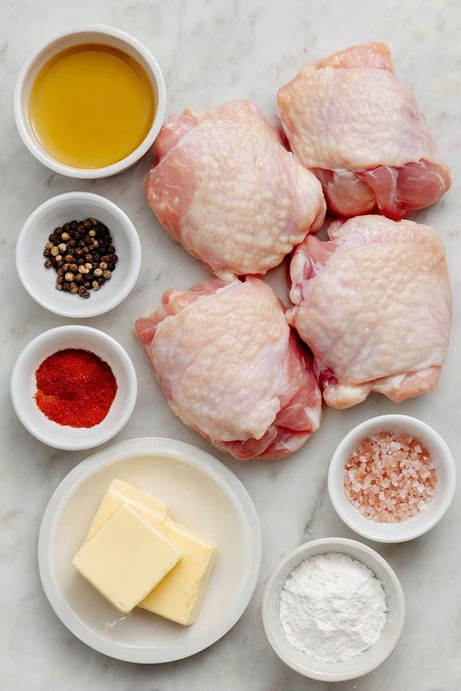 Flat lay of fresh raw boneless skinless chicken thighs neatly arranged, a small white ceramic bowl of smooth dijon mustard, a small white bowl of golden apple cider vinegar, coarse pink Himalayan salt crystals in a white dish, whole black peppercorns scattered in a white bowl, bright red paprika powder in a white bowl, a few pats of salted butter on a white plate, fine white cornstarch in a small white bowl, a white ceramic bowl filled with amber apple cider, light brown soft packed brown sugar in a small white bowl, all ingredients naturally fresh and unprocessed, placed on a clean white marble surface, soft natural light, photo taken with an iPhone, professional food photography style, fresh ingredients, white ceramic bowls, no bottles, no duplicates, no utensils, no packaging --ar 2:3 --v 7 --p awthu7i m7354615311229779997 - Apple Cider Glazed Chicken Thighs, easy chicken thigh recipes, flavorful weeknight dinners, juicy chicken thigh recipes, simple chicken glaze ideas