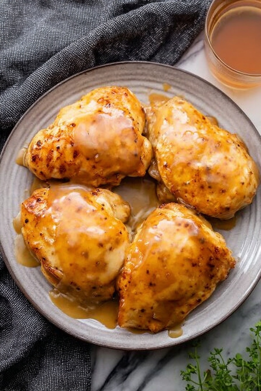 Four golden brown cooked pieces of chicken with a slightly glossy sauce coating on top are arranged close together on a round white plate with subtle lines. The sauce looks smooth and creamy, dripping a little on the sides of the chicken. A glass with a light brown liquid is visible near the top right corner of the image. A grey textured cloth is placed in the upper left corner, and a small bunch of green leafy herbs appears at the bottom right edge on a white marbled surface. Photo taken with an iphone --ar 2:3 --v 7 - Apple Cider Glazed Chicken Thighs, easy chicken thigh recipes, flavorful weeknight dinners, juicy chicken thigh recipes, simple chicken glaze ideas