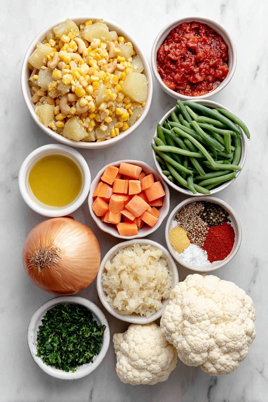 Flat lay of a small pile of golden cashews, a medium peeled and chopped carrot, a medium peeled and chopped potato, a handful of fresh green beans cut into pieces, a small mound of fresh peas, a cluster of white cauliflower florets, a few bright yellow sweet corn kernels, one whole uncracked brown onion, one fresh green chili, a small white bowl with finely pureed red tomatoes, a small white bowl with golden cooking oil, a small bunch of fresh chopped coriander leaves, a small white bowl with finely grated pale ginger garlic paste, a small white bowl containing mixed whole spices including cumin seeds, green cardamoms, a cinnamon stick, and a bay leaf, and a small white bowl with bright red Kashmiri chili powder, all arranged symmetrically on a clean white marble surface, soft natural light, photo taken with an iPhone, professional food photography style, fresh ingredients, white ceramic bowls, no bottles, no duplicates, no utensils, no packaging --ar 2:3 --v 7 --p awthu7i m7354615311229779997 - Vegetable Curry, Vegetable Curry Recipe, Vegan Vegetable Curry, Easy Vegetable Curry, Healthy Curry Dish