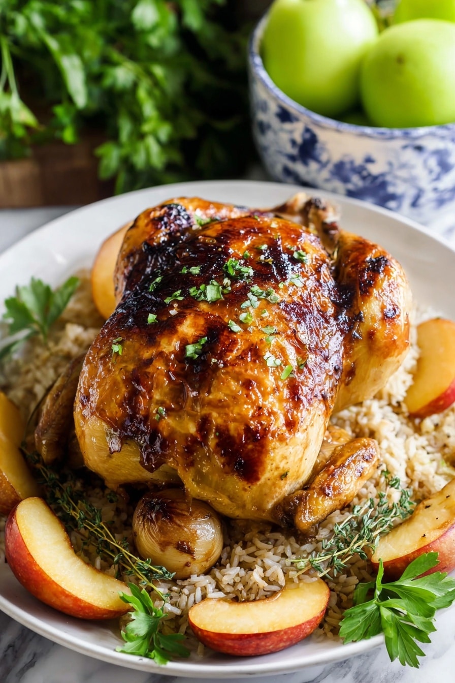 A whole roasted chicken with a golden brown skin, some darker caramelized spots, and small green herb bits on top sits centered on a white plate. Underneath the chicken is a bed of cooked rice with a few dark herbs and a garlic bulb near the chicken’s opening. Around the chicken and rice, there are slices of peach colored fruit with sprigs of thyme. Bright green parsley leaves decorate the edges of the plate. In the background, next to the plate, are green apples in a white bowl with blue details, placed on a white marbled surface. photo taken with an iphone --ar 2:3 --v 7 - Apple Cider Glazed Roasted Chicken, roasted chicken with apple cider glaze, fall-inspired roasted chicken recipe, easy apple cider chicken, juicy roasted chicken with glaze