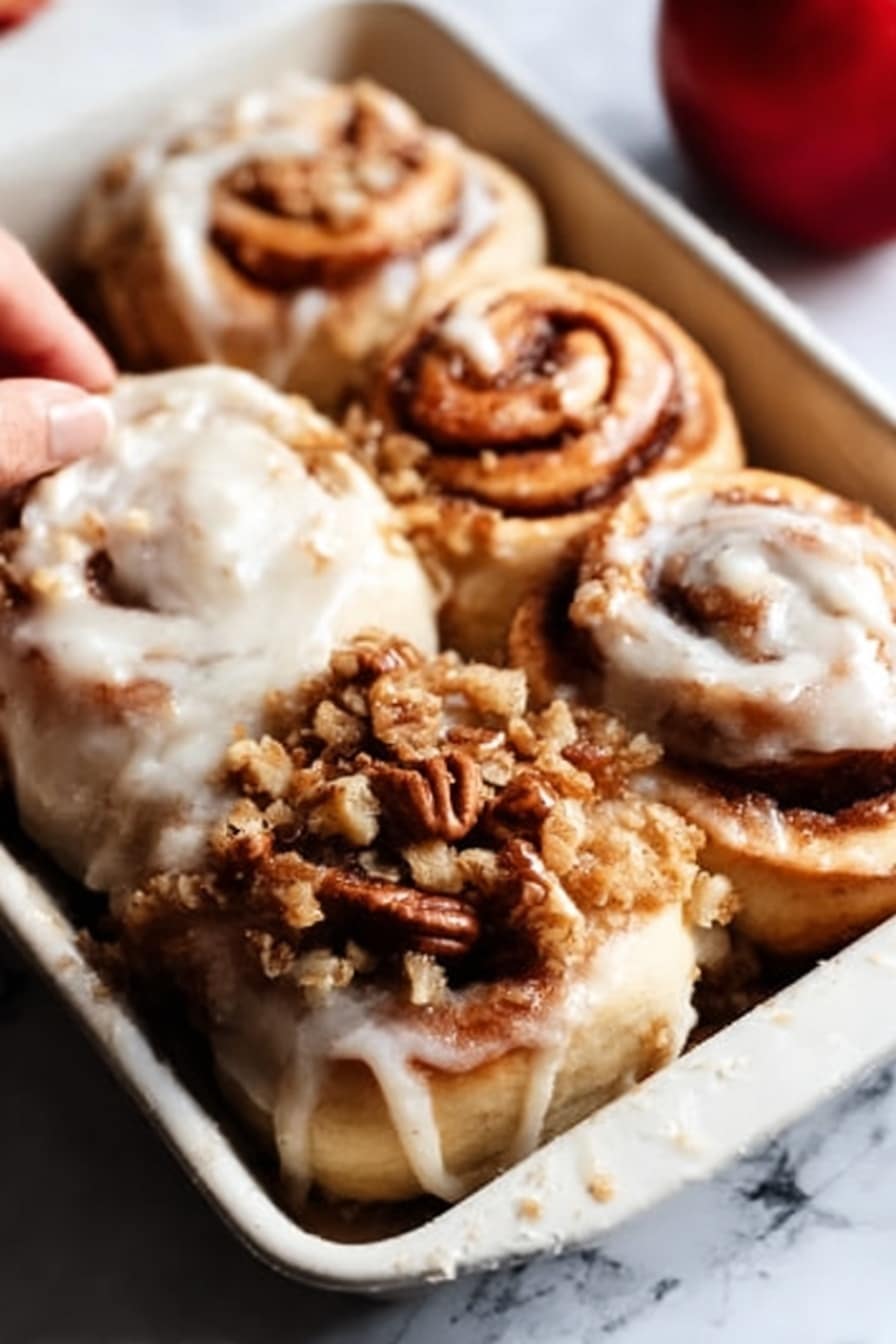 A tray of four cinnamon rolls is shown, each roll with a light brown, swirled dough base topped with creamy white icing spread unevenly but generously. One cinnamon roll on the top right is mostly visible with a twisted shape and some darker brown spots where the cinnamon sugar caramelized. Another cinnamon roll in the middle has a layer of crumbly brown streusel with small bits of pecans sprinkled on top, adding texture. The cinnamon rolls rest in a white tray, and there is a soft light coming from the top left, creating slight shadows. The background shows a white marbled surface and a red apple is blurred out on the upper left corner. A woman's hand is softly touching one cinnamon roll closer to the bottom center. Photo taken with an iphone --ar 2:3 --v 7 - Apple Pie Cinnamon Rolls with Apple Cider Caramel Sauce and Cream Cheese Frosting, apple cinnamon roll recipe, fall dessert ideas, apple pie cinnamon rolls, caramel and cream cheese frosting