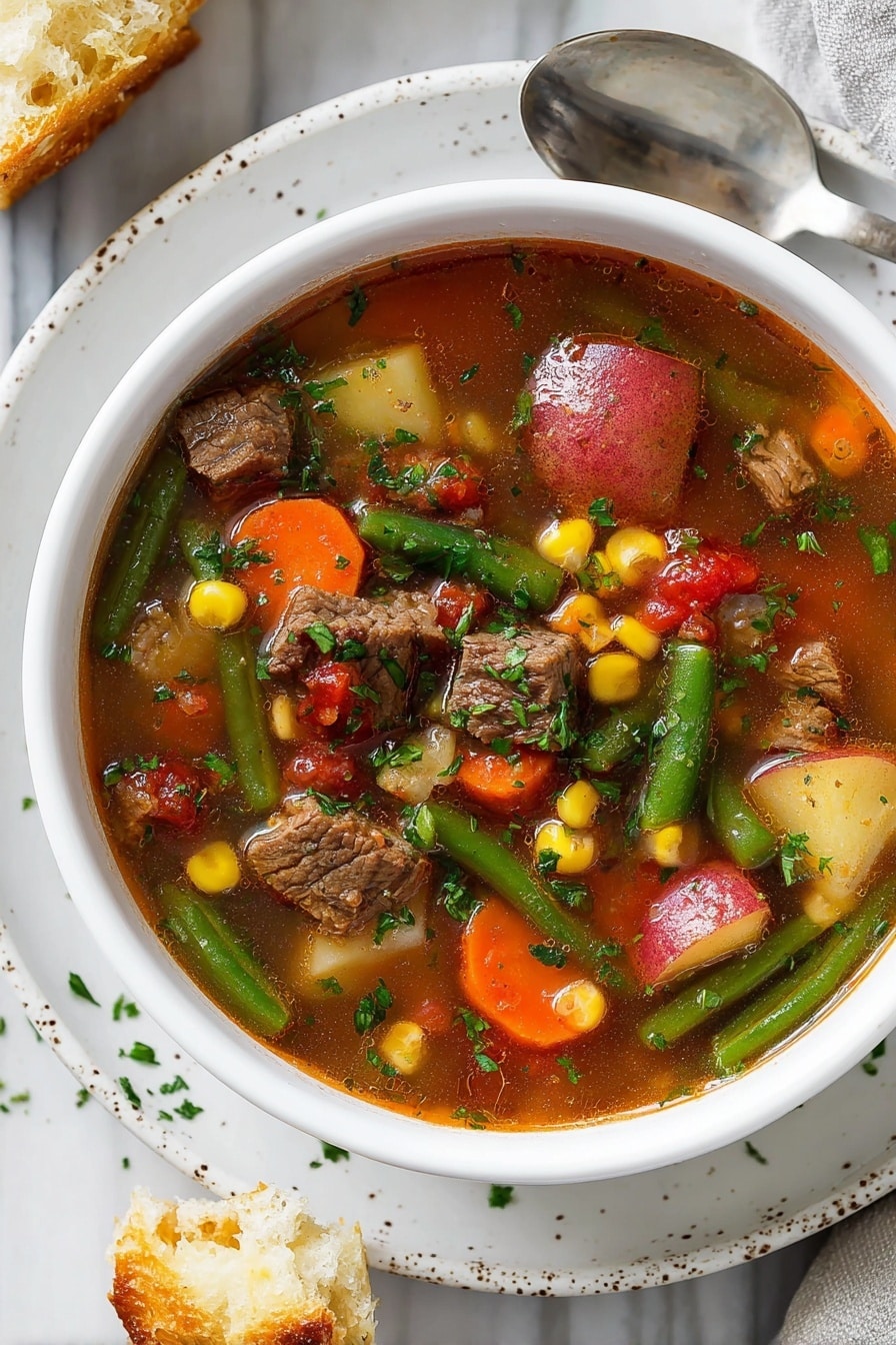 A white bowl filled with vegetable beef soup sits on a white marbled surface with some torn bread pieces nearby. The soup has a clear brown broth with visible chunks of tender beef, red-skinned potato pieces, bright orange carrot slices, green beans, corn kernels, and diced tomatoes. Fresh chopped parsley is sprinkled on top, adding a touch of green. The bowl is placed on a speckled white plate with a silver spoon resting near it. Photo taken with an iphone --ar 2:3 --v 7 - Vegetable Beef Soup, hearty beef vegetable soup, easy beef soup recipe, wholesome vegetable beef broth, comforting beef and veggie soup