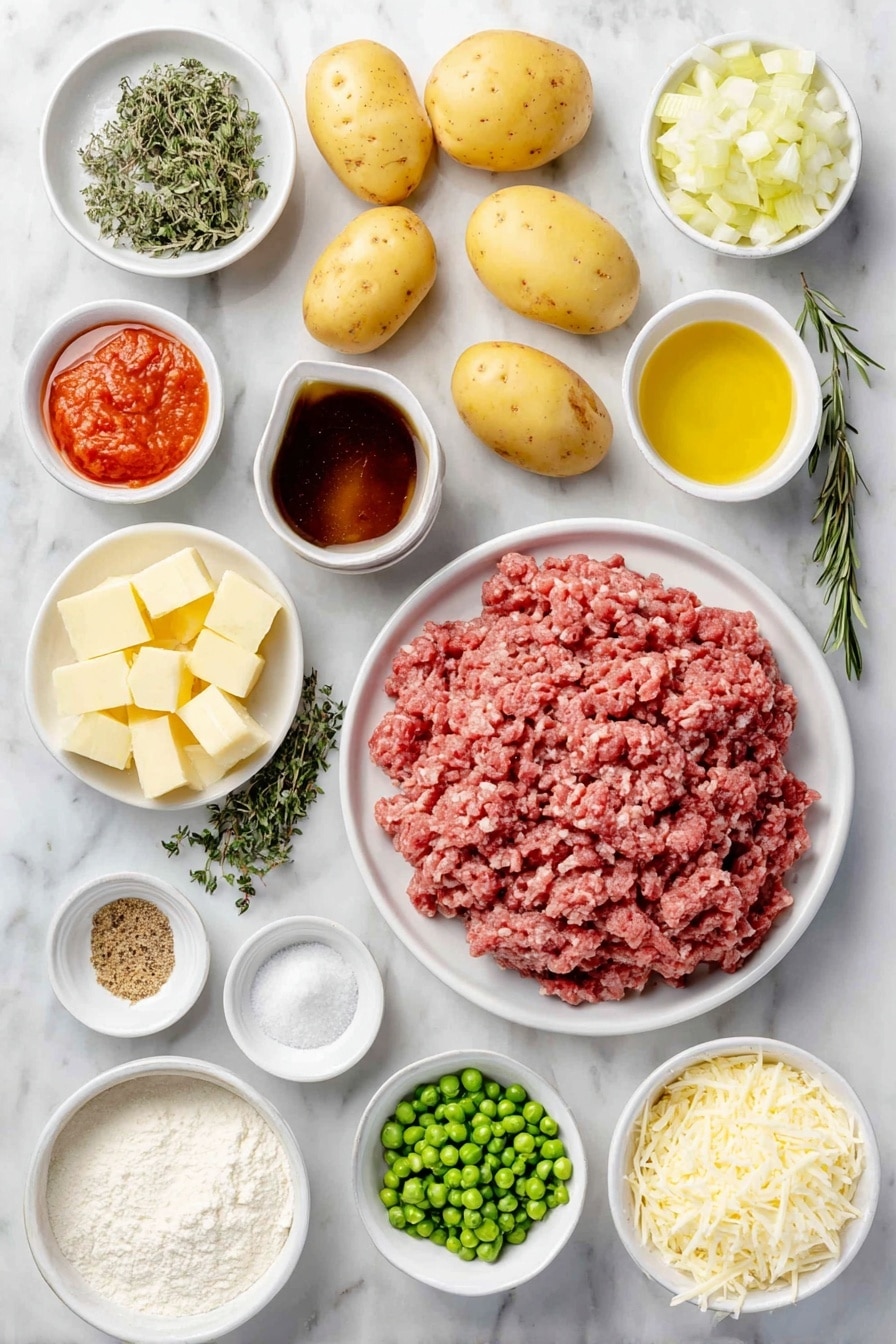 Flat lay of a peeled and cubed pile of fresh potatoes, two whole uncracked brown eggs, a small pile of finely chopped onions, a small heap of minced garlic cloves, a few finely chopped carrot pieces, one rib of celery chopped, a few sprigs of fresh thyme and one sprig of rosemary, a mound of raw ground lamb, a small white ceramic bowl of bright red tomato paste, a small white ceramic bowl filled with golden olive oil, a small white ceramic bowl of thick beef broth, another small white ceramic bowl containing deep red red wine, a small white ceramic bowl with crumbled beef bouillon cube, a small white ceramic bowl with dark Worcestershire sauce, two dried bay leaves, a small white ceramic bowl of frozen green peas, a small white ceramic bowl of plain white flour, a small white ceramic bowl of whole milk, a few cubes of unsalted butter arranged neatly, a small white ceramic bowl filled with grated Parmesan cheese, a small white ceramic bowl with freshly ground black pepper, a small white ceramic bowl with coarse kosher salt — all ingredients arranged in perfect symmetry, balanced layout placed on a clean white marble surface, soft natural light, photo taken with an iPhone, professional food photography style, fresh ingredients, white ceramic bowls, no bottles, no duplicates, no utensils, no packaging --ar 2:3 --v 7 --p awthu7i m7354615311229779997 - Classic Shepherd's Pie with Lamb or Beef and Rich Gravy, shepherd's pie recipe, lamb shepherd's pie, beef cottage pie, hearty comfort food recipes
