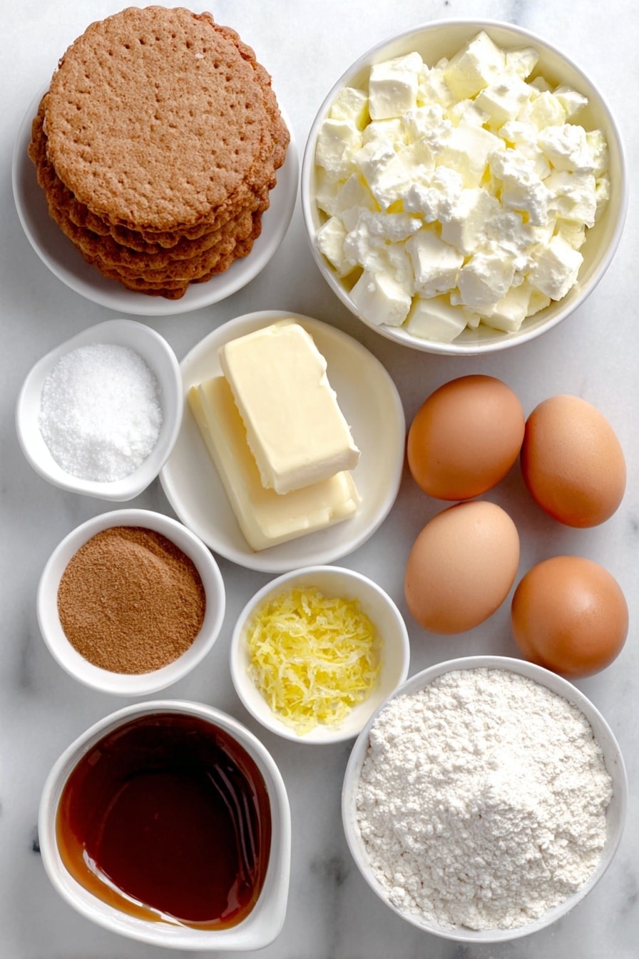 Flat lay of a few whole digestive biscuits, a small white bowl of melted butter, a smooth block of full-fat cream cheese, a small white bowl of granulated sugar, a tiny pinch of salt in a white bowl, a small white bowl of clear vanilla extract, two whole uncracked brown eggs, a small white ceramic bowl of peeled and chopped green granny smith apples, a small white bowl of light brown demerara sugar, a small white bowl of lemon zest, a small white bowl of ground cinnamon, a small white bowl of ground nutmeg, a few small cubes of chilled unsalted butter, a small white bowl of plain flour, and a small white bowl of glossy caramel sauce placed on a clean white marble surface, soft natural light, photo taken with an iPhone, professional food photography style, fresh ingredients, white ceramic bowls, no bottles, no duplicates, no utensils, no packaging --ar 2:3 --v 7 --p awthu7i m7354615311229779997 - Caramel Apple Cheesecake Bars, fall dessert, apple cheesecake bars, caramel dessert bars, easy apple cheesecake recipe