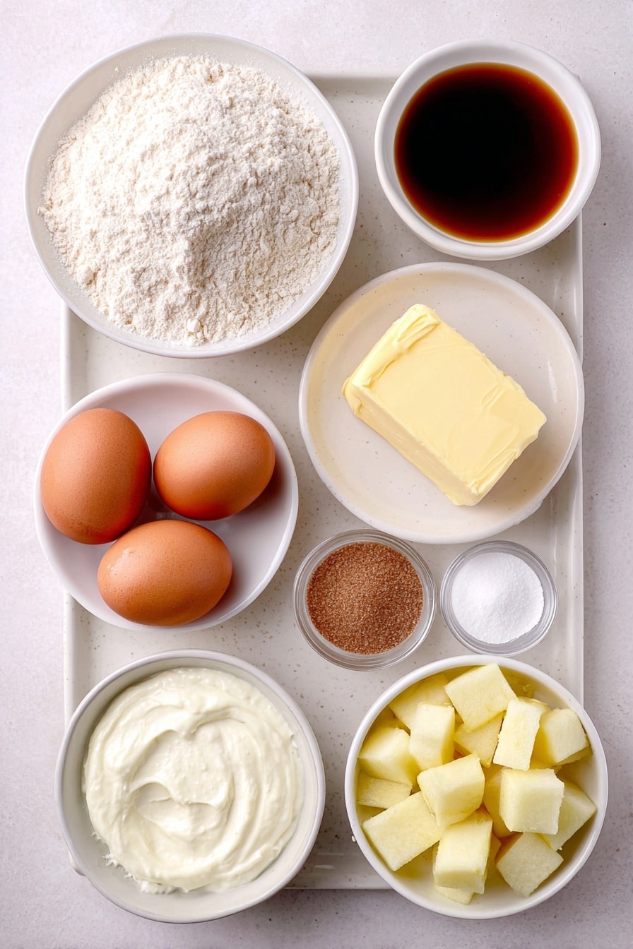 Flat lay of a small mound of all-purpose flour on a simple white ceramic plate, a small pile of baking powder and baking soda sprinkled neatly nearby on the same plate, a square of softened unsalted butter placed on a white dish, a small white bowl filled with packed dark brown sugar, a tiny white bowl with pure vanilla extract, two large whole uncracked brown eggs sitting side by side, a small white bowl holding creamy full fat plain yogurt, three peeled and cored medium tart apples cut into small half-inch cubes arranged symmetrically on a white plate, a small white bowl with ground cinnamon, and a small white bowl containing granulated sugar, all ingredients arranged in perfect symmetry, placed on a clean white marble surface, soft natural light, photo taken with an iPhone, professional food photography style, fresh ingredients, white ceramic bowls, no bottles, no duplicates, no utensils, no packaging --ar 2:3 --v 7 --p awthu7i m7354615311229779997 - Caramel Apple Cake, apple cake with caramel, fall apple dessert, moist apple cake recipe, easy apple cake with caramel drizzle