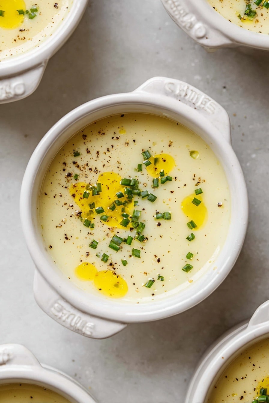 Three small white round pots with side handles filled with smooth, creamy white soup are placed on a white marbled surface. Each pot has a swirl of bright yellow oil on top and is sprinkled with finely chopped green herbs and small black pepper specks, adding a fresh contrast to the pale soup. Two pot lids, also white, are partially visible on the surface near the pots. The overall look is clean, fresh, and inviting. photo taken with an iphone --ar 2:3 --v 7 - Creamy Roasted Garlic Potato Soup, roasted garlic potato soup, easy potato soup recipe, comforting garlic potato soup, hearty potato soup