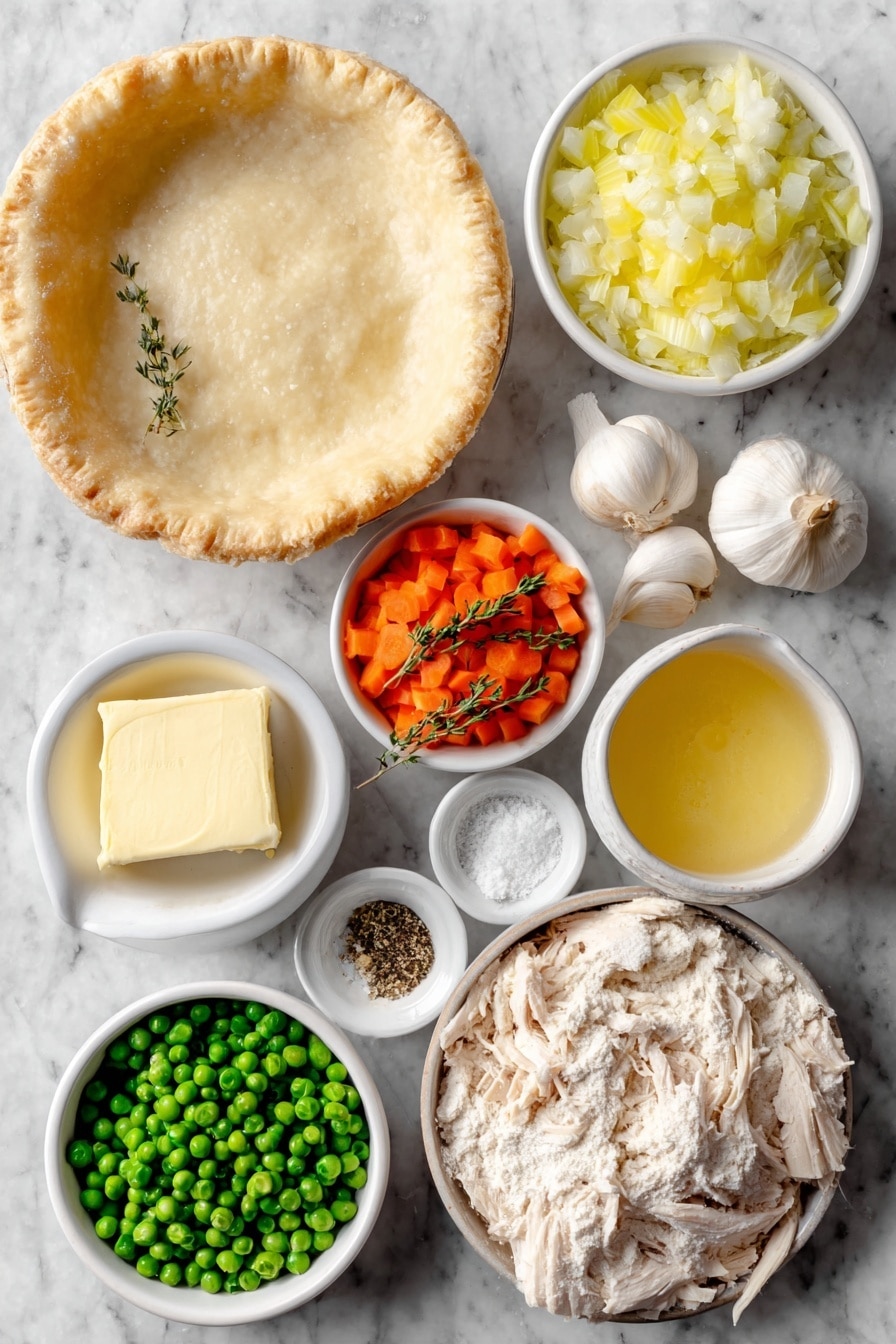 Flat lay of a small white ceramic bowl of unsalted butter, a small white ceramic bowl of chopped yellow onion, a small white ceramic bowl of thinly sliced carrots, a small white ceramic bowl of chopped celery, three whole uncracked garlic cloves, a small white ceramic bowl of all-purpose flour, a small white ceramic bowl of warm chicken broth, a small white ceramic bowl of warm heavy cream, a few sprigs of fresh thyme, a small white ceramic bowl of kosher salt, a small white ceramic bowl of ground black pepper, a small white ceramic bowl of cooked shredded chicken, a small white ceramic bowl of fresh green peas, two whole unbaked pie crusts placed flat -- placed on a clean white marble surface, soft natural light, photo taken with an iPhone, professional food photography style, fresh ingredients, white ceramic bowls, no bottles, no duplicates, no utensils, no packaging --ar 2:3 --v 7 --p awthu7i m7354615311229779997 - Creamy Chicken Pot Pie, chicken pot pie recipe, homemade chicken pie, flaky crust chicken pie, hearty comfort food