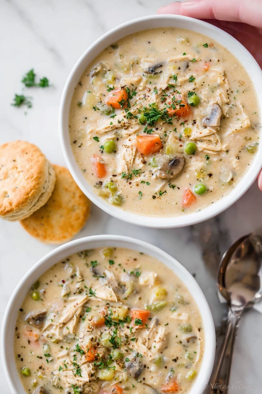 Two white bowls filled with creamy chicken and vegetable soup sit on a white marbled surface. The soup has a thick, beige base with visible layers of shredded chicken, orange carrot slices, green peas, celery, and small pieces of mushroom, topped with parsley flakes and a sprinkle of black pepper. Beside the bowls, there are three golden-brown biscuits stacked on the side. Two metal spoons rest next to one bowl, and a woman's hand gently holds the top bowl from above. The whole scene is bright and clean, creating a cozy, comforting feeling. photo taken with an iphone --ar 2:3 --v 7 - Creamy Chicken Pot Pie Soup, Chicken Pot Pie Soup, Comfort Food Recipes, Easy Chicken Soup, Cozy Fall Recipes