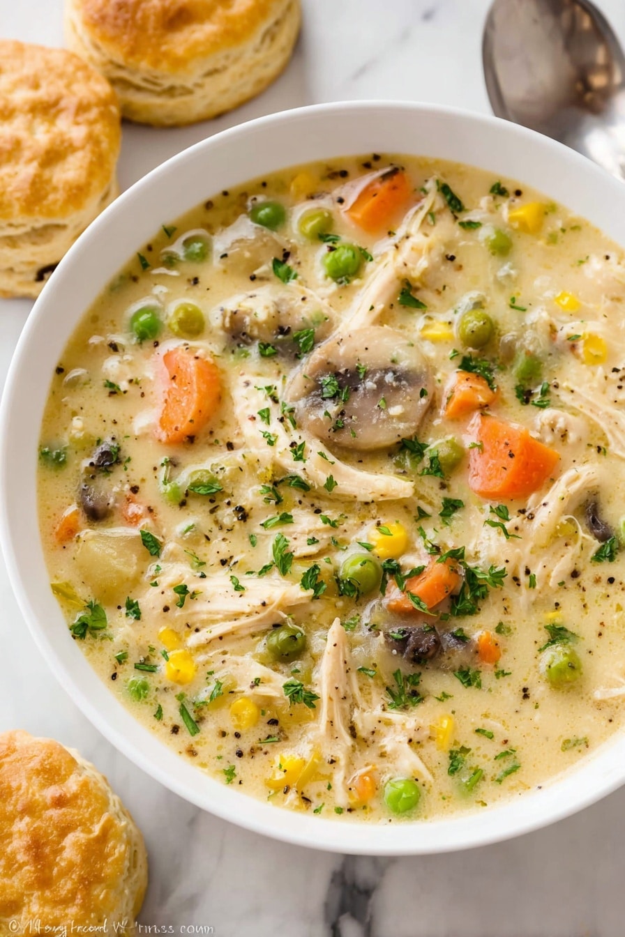 A white bowl filled with creamy chicken and vegetable soup, showing clear layers: shredded chicken in light beige, bright orange carrot slices, green peas, yellow corn kernels, and small pieces of mushroom mixed in a thick pale yellow broth speckled with black pepper and green parsley bits. Next to the bowl are golden-brown biscuits with a soft texture, placed on a white marbled surface, and a silver spoon partly visible near the bowl photo taken with an iphone --ar 2:3 --v 7 - Creamy Chicken Pot Pie Soup, Chicken Pot Pie Soup, Comfort Food Recipes, Easy Chicken Soup, Cozy Fall Recipes