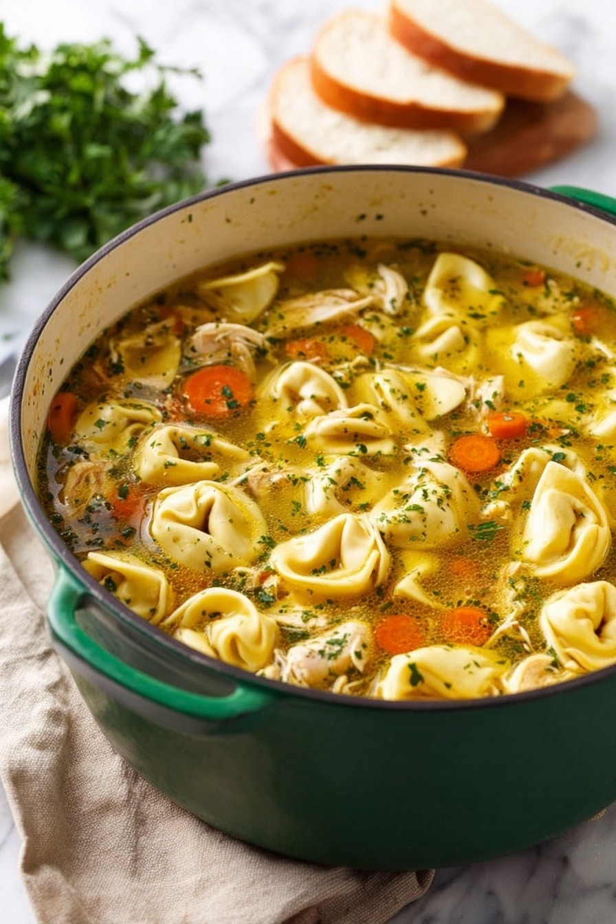 A large green pot filled with chicken tortellini soup sits on a white marbled surface with a beige cloth nearby. The soup has clear yellow broth with visible herbs floating on top, shredded pieces of chicken, and orange carrot slices scattered through the soup. The tortellini pasta are plump and off-white, floating evenly across the surface, showing soft texture with some edges slightly curled. In the background, out of focus, there is a stack of white sandwich bread slices and some green parsley. The setup is bright with natural light. photo taken with an iphone --ar 2:3 --v 7 - Chicken Tortellini Soup, easy chicken tortellini soup, one-pot tortellini soup, comforting Italian soup, hearty chicken tortellini recipe