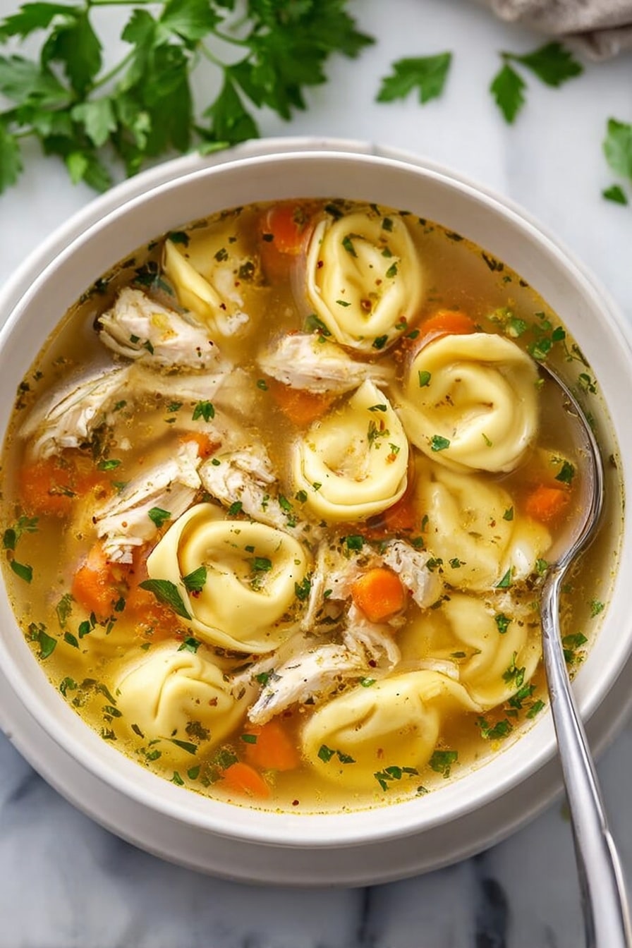 The image shows a white bowl filled with clear broth soup containing several layers. The top layer has round tortellini with a soft, yellow pasta texture floating on the surface. Underneath, chunks of shredded cooked chicken in white and light brown tones are visible, mixed with small orange carrot pieces and green parsley leaves scattered throughout. A silver spoon rests on the right edge of the bowl, partially inside the soup. The bowl sits on a white marbled surface with some fresh parsley leaves in the background. Photo taken with an iphone --ar 2:3 --v 7 - Chicken Tortellini Soup, easy chicken tortellini soup, one-pot tortellini soup, comforting Italian soup, hearty chicken tortellini recipe