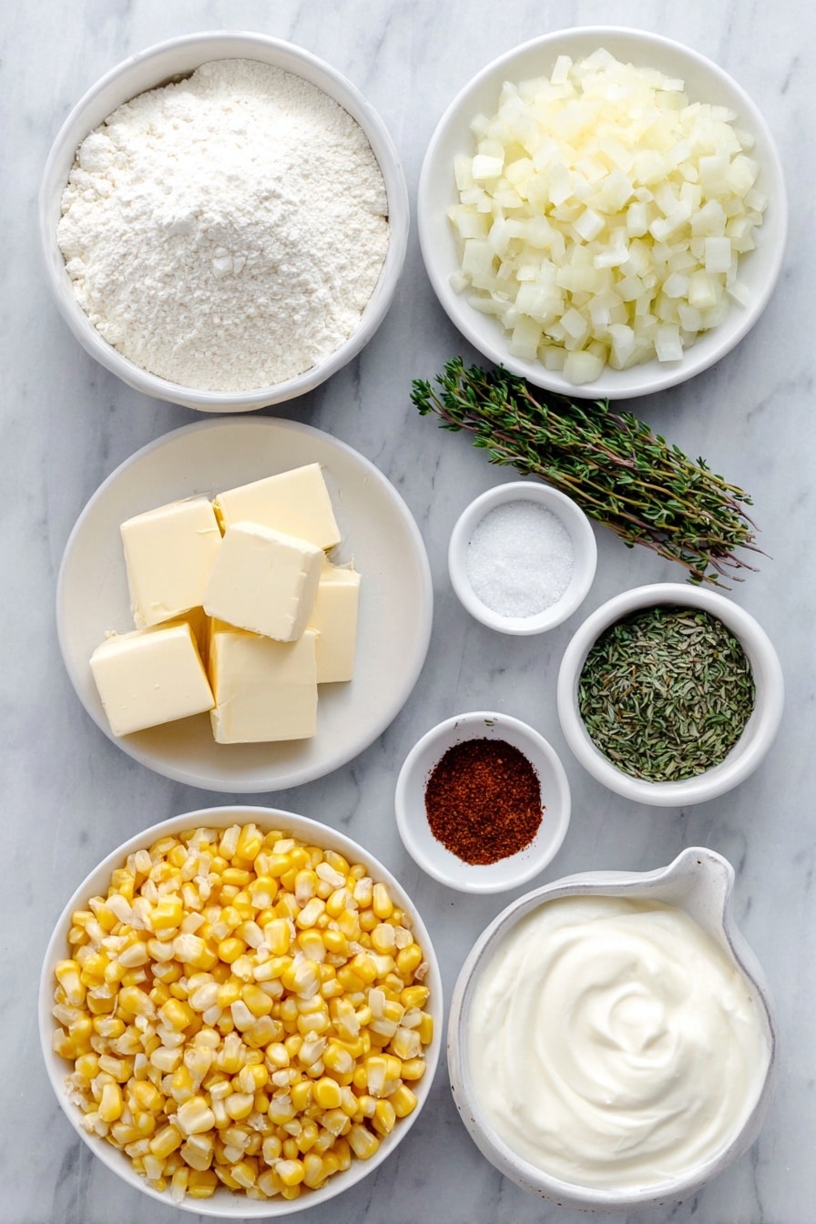 Flat lay of a small mound of pale arrowroot powder in a simple white ceramic bowl, a small white bowl of whole milk, two tablespoons of unsalted butter cut into small rectangular pieces on a white ceramic plate, a small pile of finely diced shallot on a white ceramic dish, a generous heap of fresh yellow sweet corn kernels on a white ceramic plate, a small white bowl filled with thick heavy cream, a small white bowl containing dried thyme leaves, a tiny white bowl with a pinch of bright red cayenne pepper powder, a small white ceramic bowl of coarse kosher salt crystals, a small white bowl with freshly ground black peppercorns, and a small white plate with a small mound of freshly grated pale yellow parmesan cheese, placed on a clean white marble surface, soft natural light, photo taken with an iPhone, professional food photography style, fresh ingredients, white ceramic bowls, no bottles, no duplicates, no utensils, no packaging --ar 2:3 --v 7 --p awthu7i m7354615311229779997 - Creamed Corn, Creamed Corn Recipe, Easy Creamed Corn, Cozy Side Dish, Comforting Corn Dish