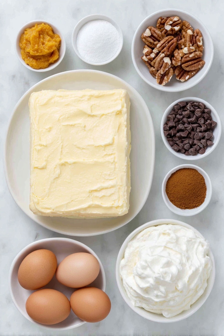 Flat lay of a block of softened cream cheese on a simple white ceramic plate, a small white bowl filled with light brown sugar, a small white bowl containing vibrant orange pumpkin puree, a small white bowl with fine white sugar, a small white bowl holding golden candied pecans, a small white bowl with dark chocolate chips, a small white bowl with warm brown pumpkin pie spice, a small white bowl with reddish-brown ground cinnamon, a small white bowl filled with thick, freshly whipped cream, and two whole brown eggs arranged symmetrically around the ingredients, placed on a clean white marble surface, soft natural light, photo taken with an iPhone, professional food photography style, fresh ingredients, white ceramic bowls, no bottles, no duplicates, no utensils, no packaging --ar 2:3 --v 7 --p awthu7i m7354615311229779997 - Cream Cheese Pumpkin Mousse, pumpkin mousse dessert, easy fall pumpkin recipes, creamy pumpkin dessert, pumpkin mousse without gelatin