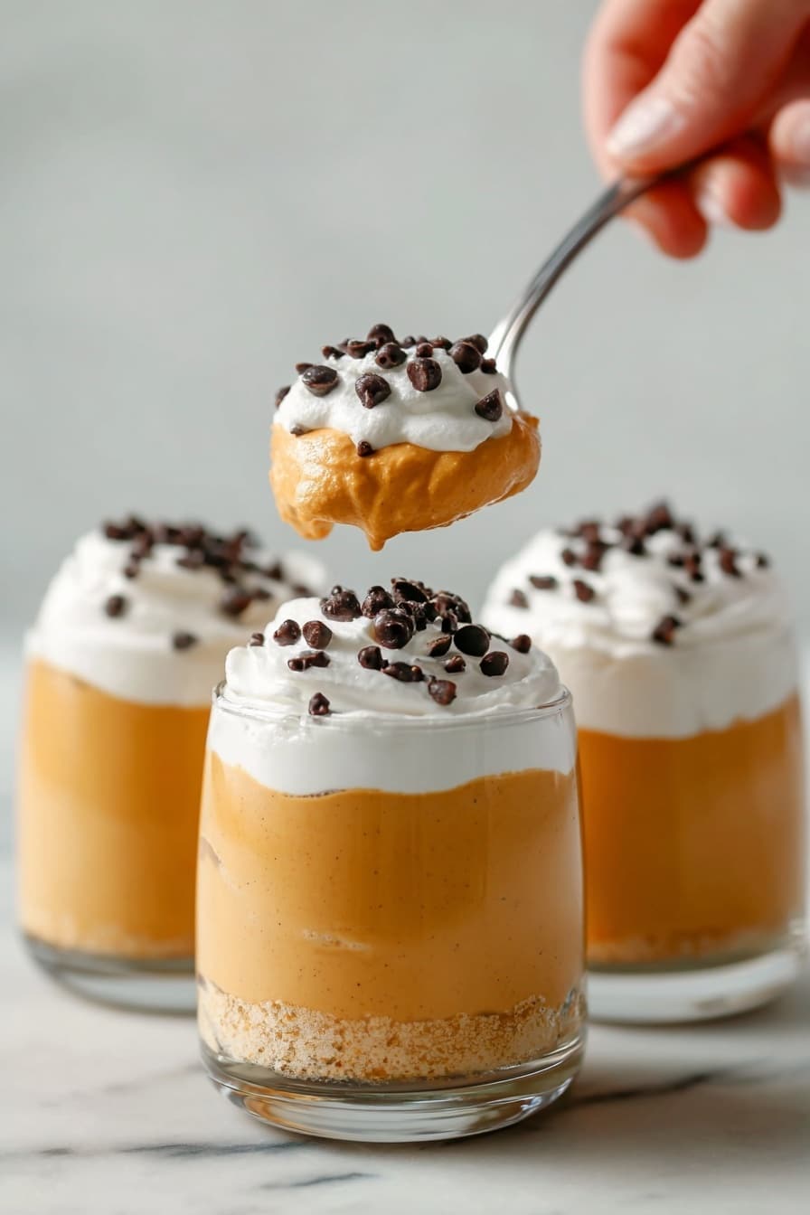 The image shows three clear glasses filled with three layers: the bottom and middle layers are a smooth, light orange pumpkin mousse, topped with a layer of white whipped cream sprinkled with small dark chocolate chips. A woman's hand is holding a silver spoon above the closest glass, scooping a mix of the mousse and whipped cream with chocolate chips on top. The background is a clean white marbled surface. photo taken with an iphone --ar 2:3 --v 7 - Cream Cheese Pumpkin Mousse, pumpkin mousse dessert, easy fall pumpkin recipes, creamy pumpkin dessert, pumpkin mousse without gelatin