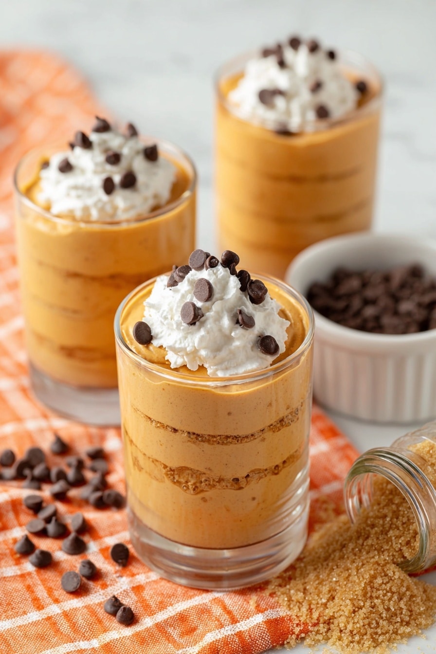 The image shows three clear glasses filled with smooth, light orange pumpkin mousse, each with visible soft swirls and layers inside. The mousse is topped with a dollop of white whipped cream and sprinkled with small dark chocolate chips. One glass is in the front and centered, with two others slightly blurred in the background. Around the glasses are scattered chocolate chips and a small jar tipped over spilling brown cinnamon powder. To the right, there is a white bowl filled with light brown sugar on a bright orange cloth with white check patterns. The setting rests on a white marbled surface. photo taken with an iphone --ar 2:3 --v 7 - Cream Cheese Pumpkin Mousse, pumpkin mousse dessert, easy fall pumpkin recipes, creamy pumpkin dessert, pumpkin mousse without gelatin