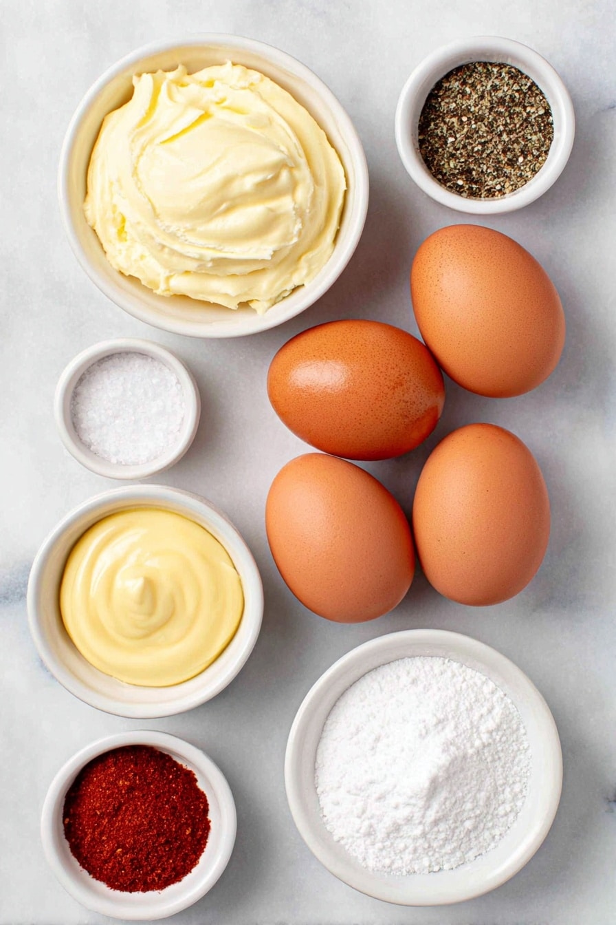 Flat lay of six whole uncracked large brown eggs, a small white ceramic bowl of creamy mayonnaise, a small white ceramic bowl with smooth pale yellow Dijon mustard, a small white ceramic bowl containing clear apple cider vinegar, a small white ceramic bowl filled with fine white salt, a small white ceramic bowl with freshly ground black pepper, and a small white ceramic bowl holding vibrant red paprika powder, all arranged in perfect symmetry on a clean white marble surface, soft natural light, photo taken with an iPhone, professional food photography style, fresh ingredients, white ceramic bowls, no bottles, no duplicates, no utensils, no packaging --ar 2:3 --v 7 --p awthu7i m7354615311229779997 - Best Classic Deviled Eggs, deviled eggs recipe, easy deviled eggs, creamy deviled eggs, party appetizer ideas