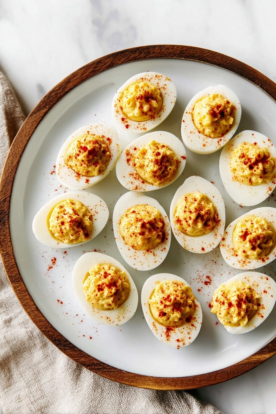 A white plate with a wooden rim holds twelve deviled egg halves arranged in a loose circle and scattered slightly inward. Each egg half has a smooth white egg white base topped with a yellow creamy yolk filling, sprinkled with a light dusting of red paprika. The plate is set on a white marbled surface with a beige cloth partially visible to the side. Photo taken with an iphone --ar 2:3 --v 7 - Best Classic Deviled Eggs, deviled eggs recipe, easy deviled eggs, creamy deviled eggs, party appetizer ideas