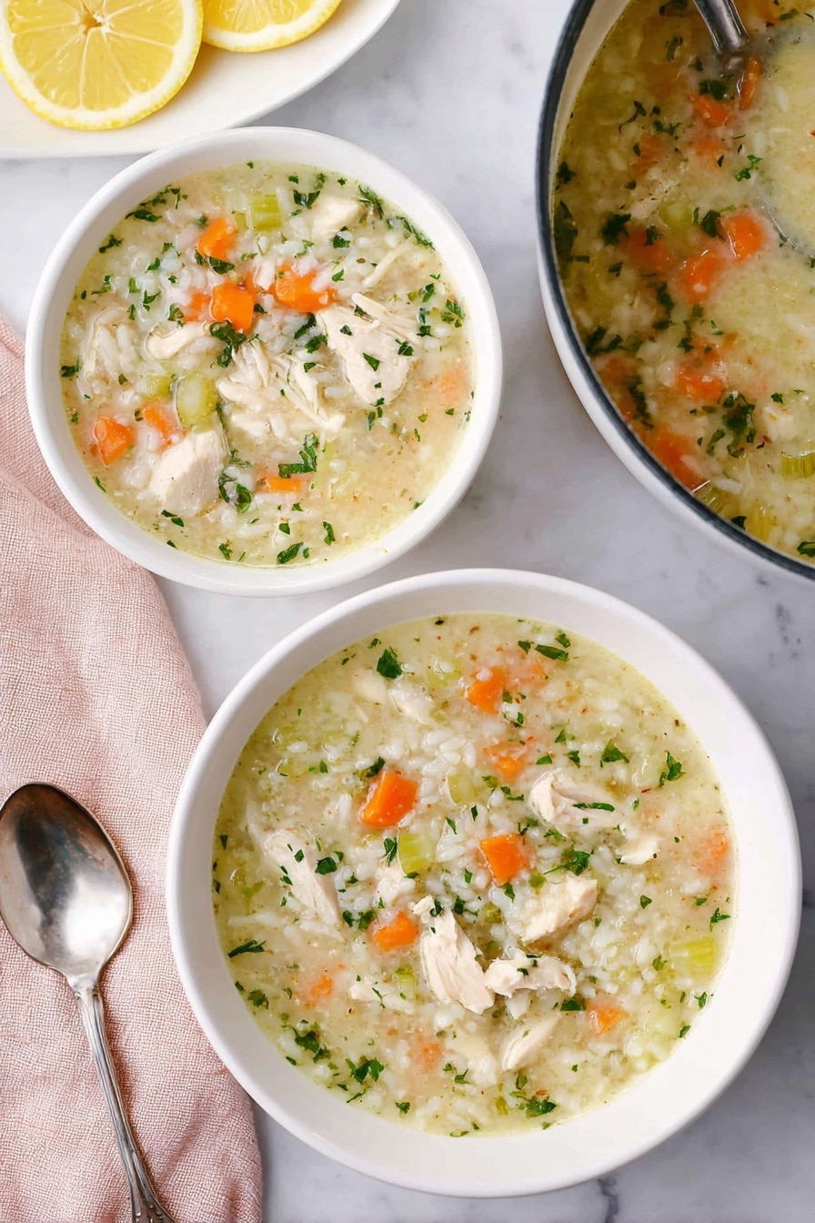 The image shows two white bowls filled with creamy chicken and rice soup placed on a white marbled surface. The soup has three clear layers: a brothy top with small green herb pieces, middle chunks of white chicken and orange carrot cubes, and a bottom layer of soft white rice. Pieces of celery and herbs are visible throughout, adding green and orange highlights. Next to one bowl, there is a spoon with a metallic shine placed on a light pink cloth. A white plate with lemon wedges is partly visible on the left side of the image. In the upper right, a pot with more soup and a metallic ladle is seen. The photo is taken with an iphone --ar 2:3 --v 7 - Lemon Chicken Rice Soup, Lemon Chicken Soup, Chicken and Rice Soup, Lemon Chicken Broth, Hearty Lemon Chicken Soup