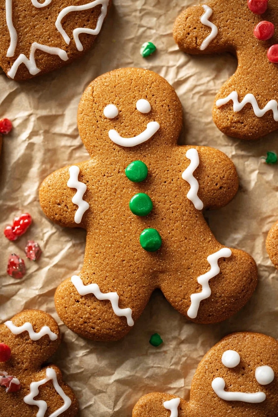 The image shows a group of gingerbread cookies on crinkled light brown paper placed on a white marbled surface. The main cookie in the center is a gingerbread person with a smiling face made of two small white dots for eyes and a curved white line for the mouth. It has three green round candy buttons on its torso. White icing decorates the edges of the arms and legs with zigzag lines and outlines the entire body. Surrounding it are other gingerbread cookies with white icing details and red and green small candy pieces scattered around. The lighting is warm, highlighting the texture of the cookies clearly. Photo taken with an iphone --ar 2:3 --v 7 - Homemade Gingerbread Cookies, gingerbread cookies recipe, festive cookie recipes, holiday baking ideas, soft gingerbread cookies