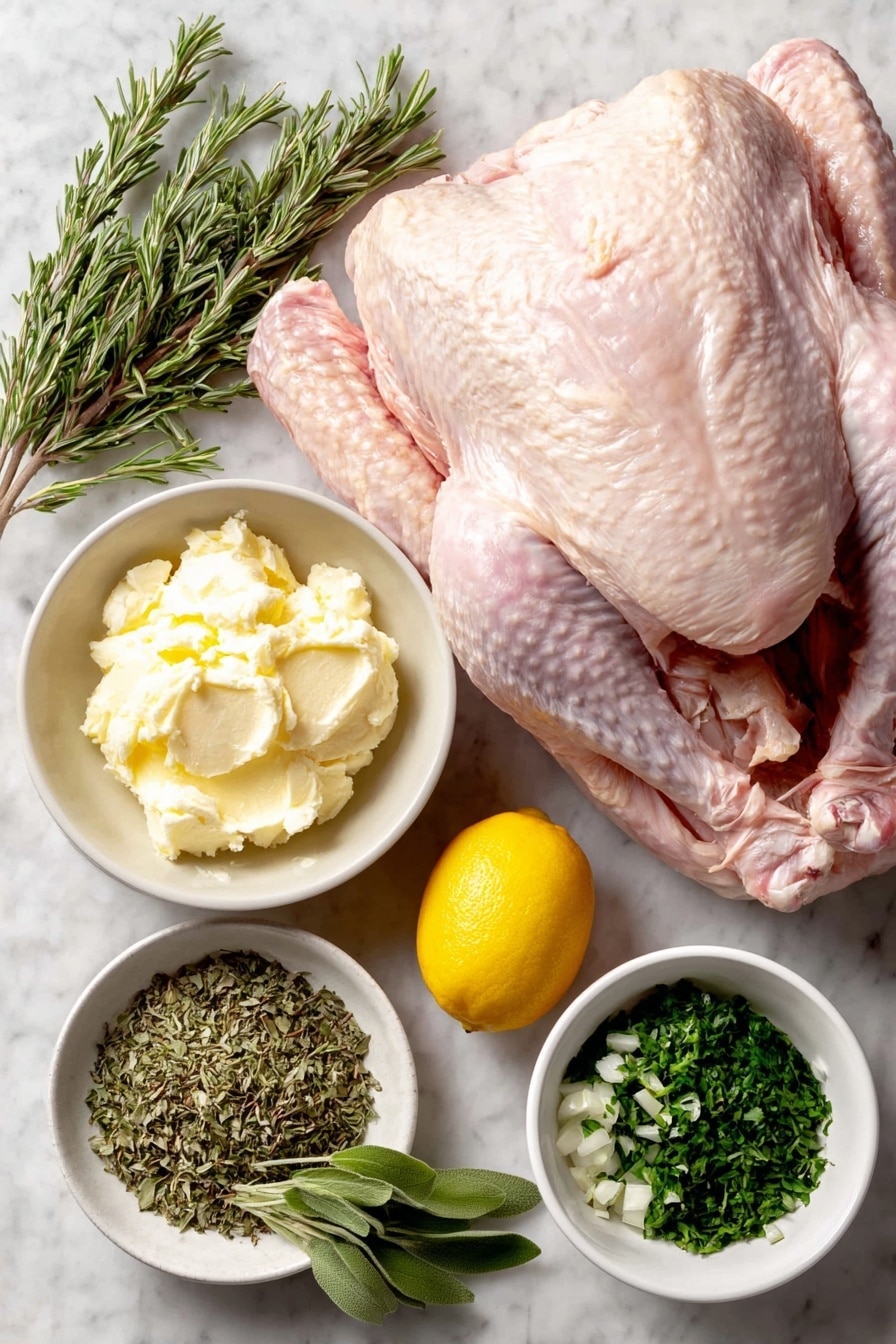 Flat lay of a whole raw turkey with pale pink skin, a small mound of softened butter in a simple white ceramic bowl, a small white bowl of minced garlic, a small white bowl containing finely chopped fresh sage leaves, a small white bowl with finely chopped fresh rosemary, a small white bowl holding finely chopped fresh thyme leaves, a small white bowl filled with finely chopped fresh parsley leaves, a peeled and quartered yellow onion, a bright yellow lemon quartered, assorted whole fresh herb sprigs including sage, rosemary, thyme, and parsley arranged loosely, all placed on a clean white marble surface, soft natural light, photo taken with an iPhone, professional food photography style, fresh ingredients, white ceramic bowls, no bottles, no duplicates, no utensils, no packaging --ar 2:3 --v 7 --p awthu7i m7354615311229779997 - Herb Roasted Turkey, flavorful turkey roast, holiday turkey recipe, herb-infused turkey, juicy roasted turkey